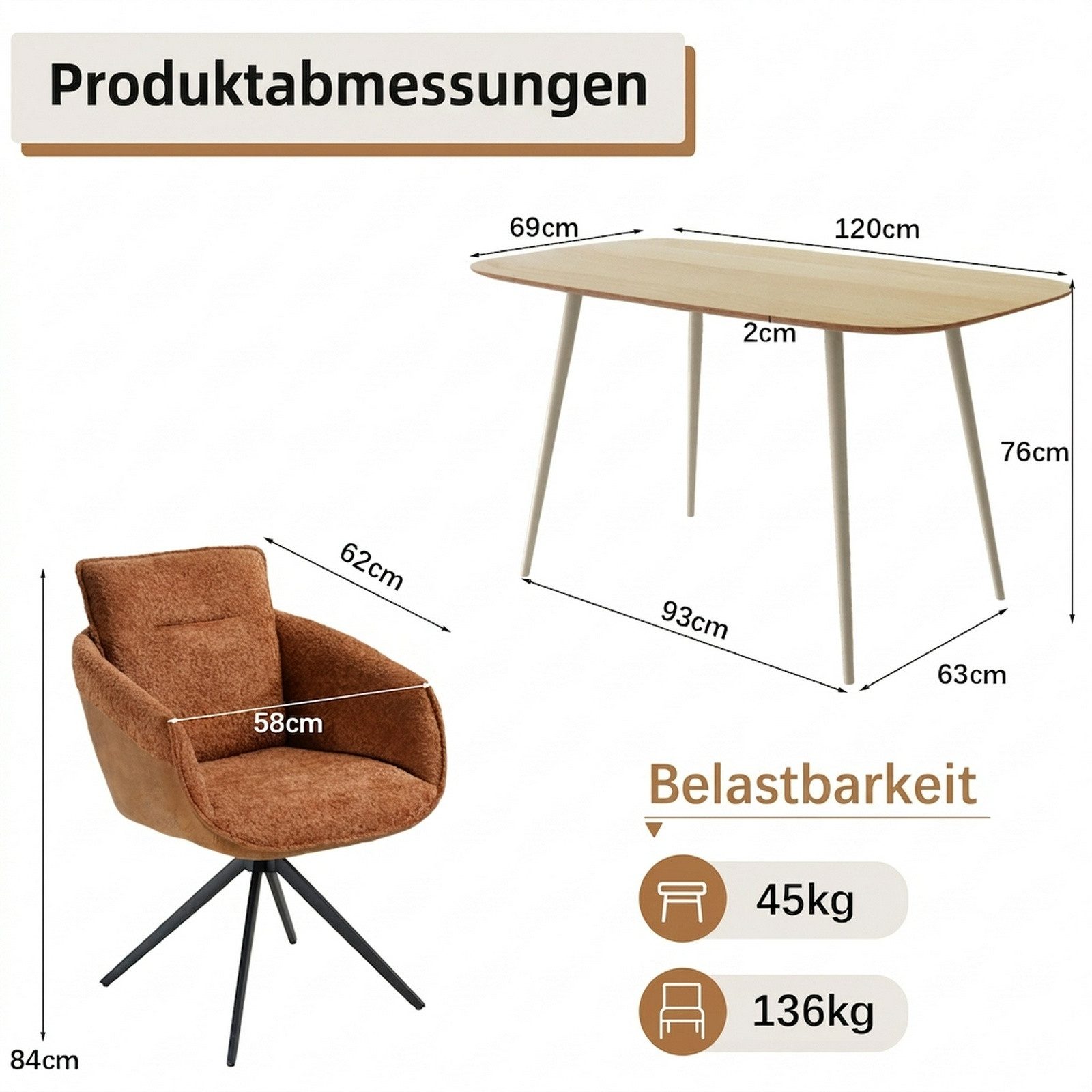 Jiexi Essgruppe Tisch- und Stuhlset, Moderner Esstisch (120×70×75 cm) mit 4 Stühlen