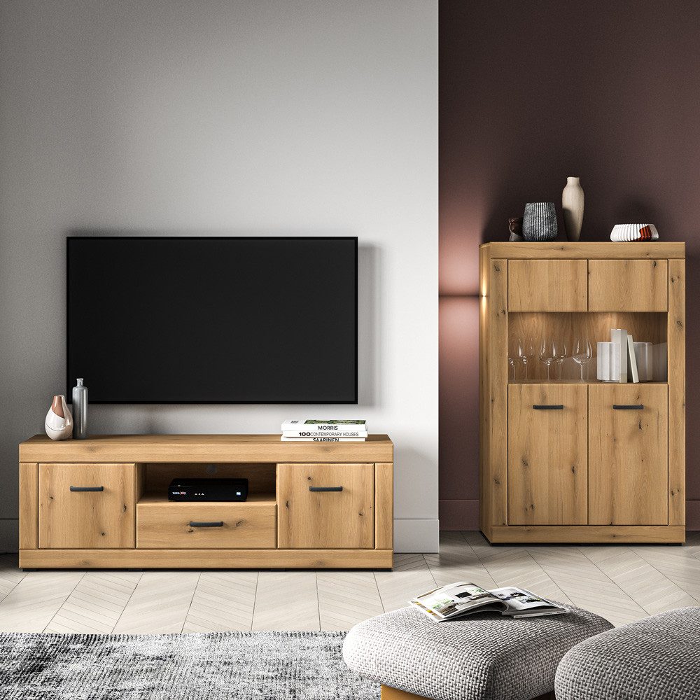 Lomadox Wohnzimmer-Set DAKAR-131, (Mega-Spar-Set, 2-St., Lowboard Highboard), in Eiche, inkl. LED-Beleuchtung, modern, Wohnmöbel