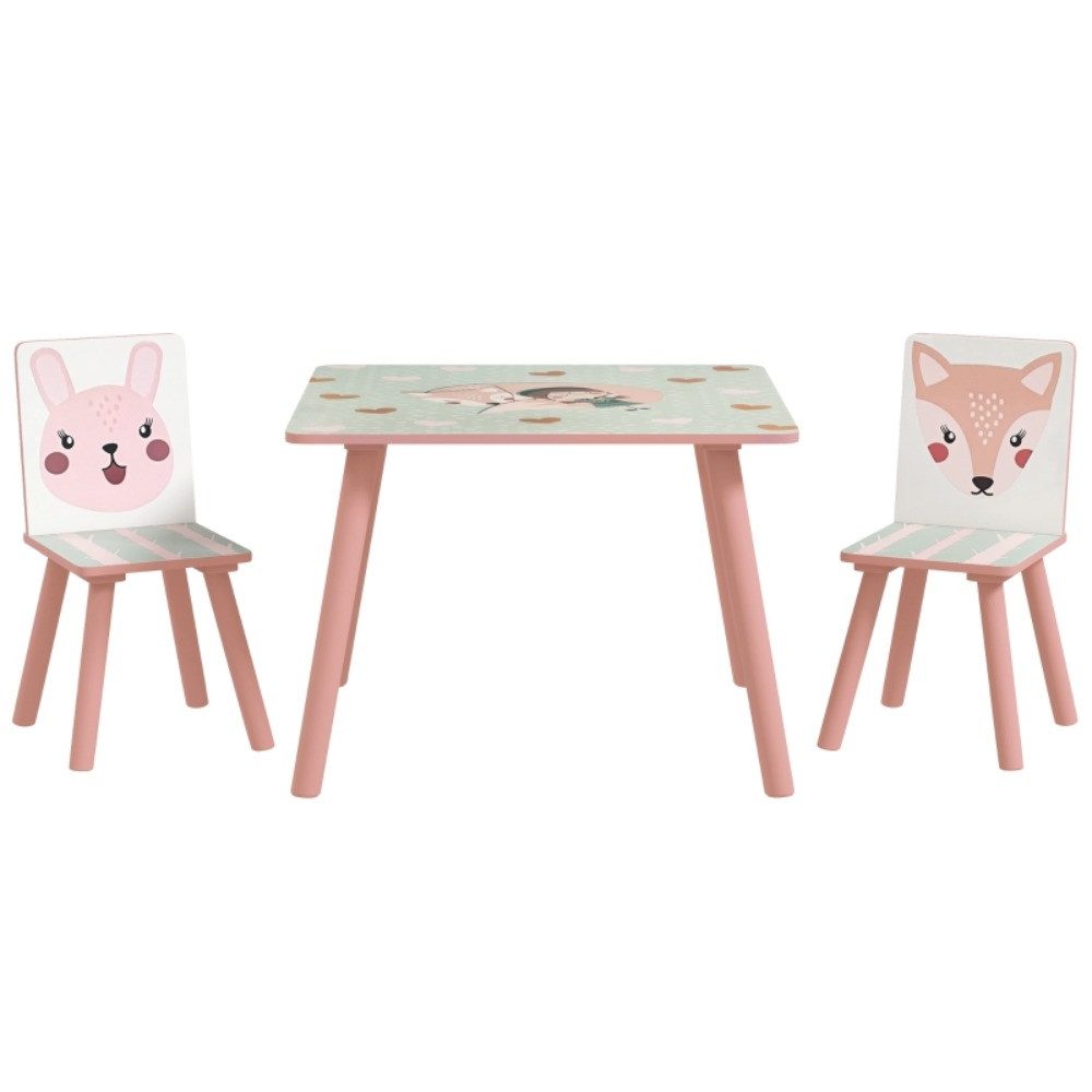 MIBODE Kindertisch Kindersitzgruppe aus Holz mit Tisch und 2 Stühlen, Tiermotiv, Rosa