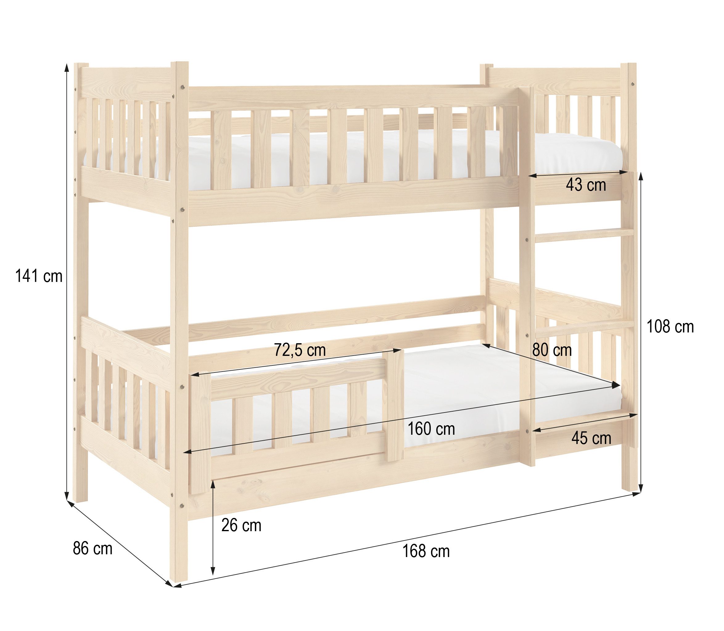 Masseno Etagenbett LUCIA 80x160 cm Hochbett Kinderbett Massivholz Grau