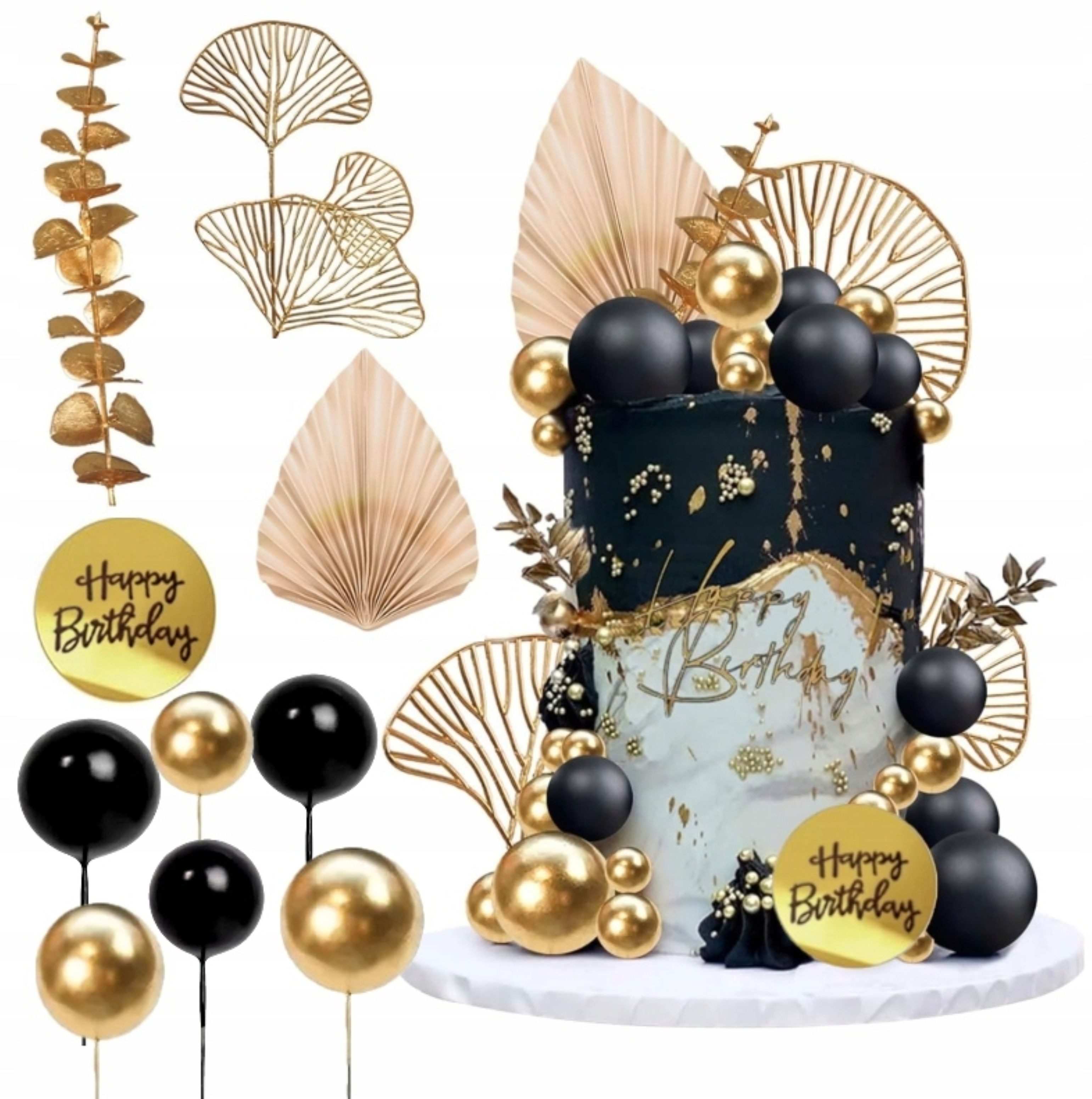 partydeco, Topper Luxus Tortendeko Set in Gold & Schwarz – Perfekt für Geburtstage