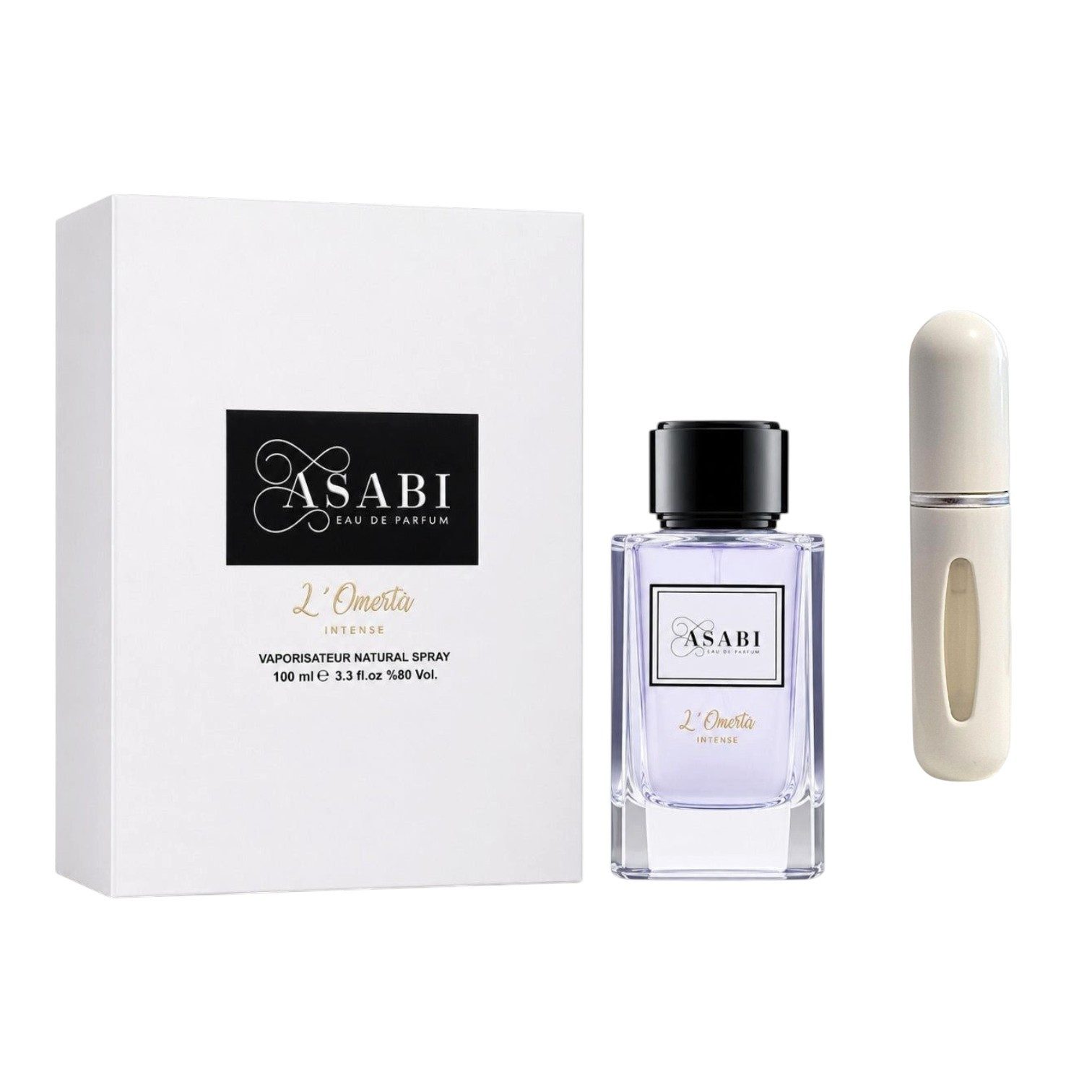 Asabi Duft-Set L'Omerta EDP Intense – Holzig Zitrus + Parfümzerstäuber (leer)