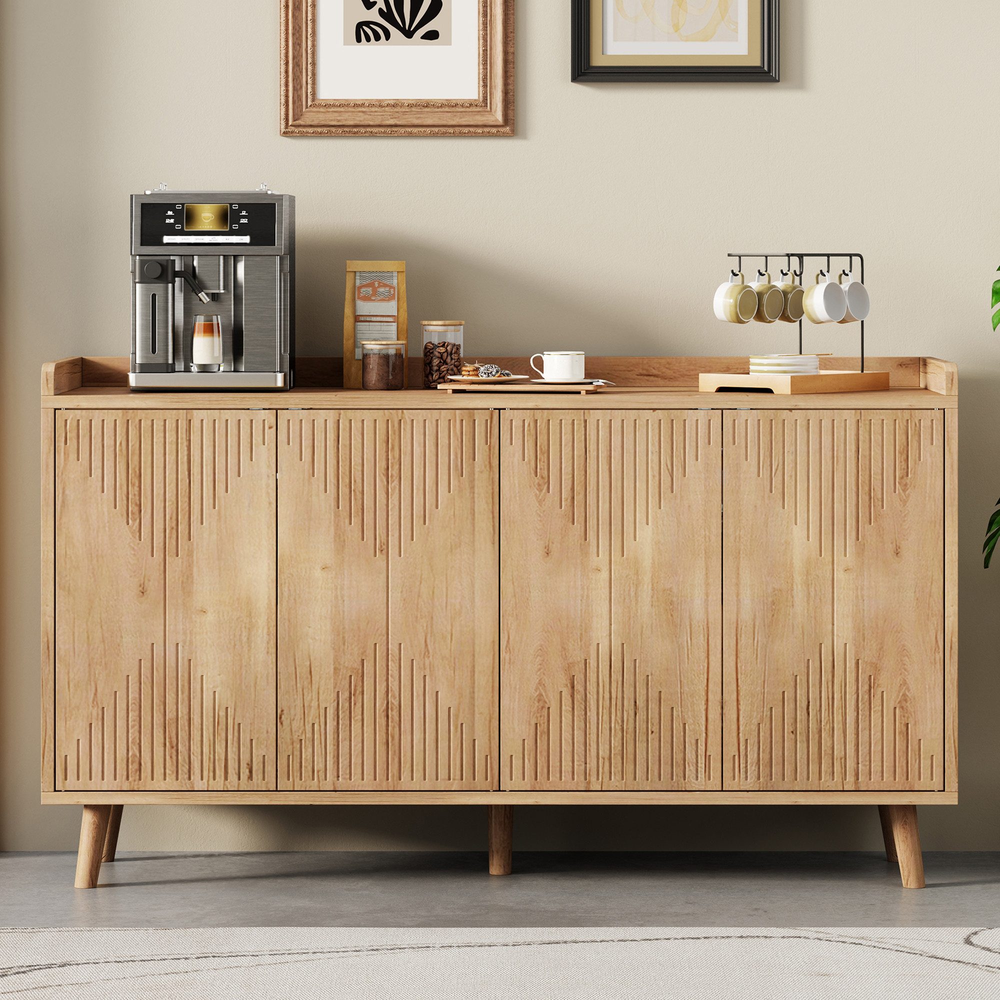 Flieks Sideboard Mehrzweckschrank mit 4 Türen und verstellbaren Einlegeböden (Aufbewahrungsschrank für Esszimmer, Wohnzimmer, Schlafzimmer, 1 St., B140xT40xH84 cm), multifunktionaler Küchenschrank mit Arbeitsplatte Natur, Holzbeine
