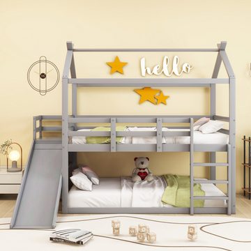 OKWISH Etagenbett Holzbett mit Rutsche und Ablagefläche, mit Lattenrost (Kinderbett 90x200 cm), ohne Matratze
