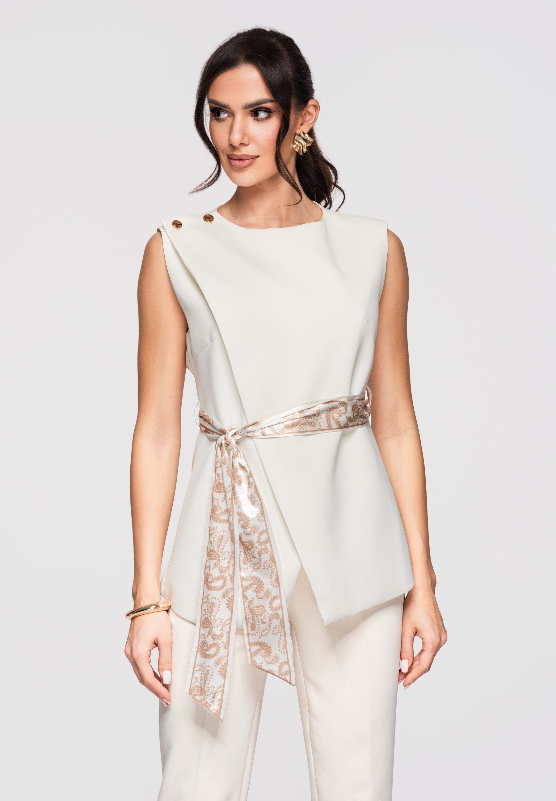 OMBRE Kurzarmbluse Damen Bluse Asymmetrisch Elegant Ecru M (kein Set, 1-tlg) Asymmetrische Drapierung, modellierende Nähte