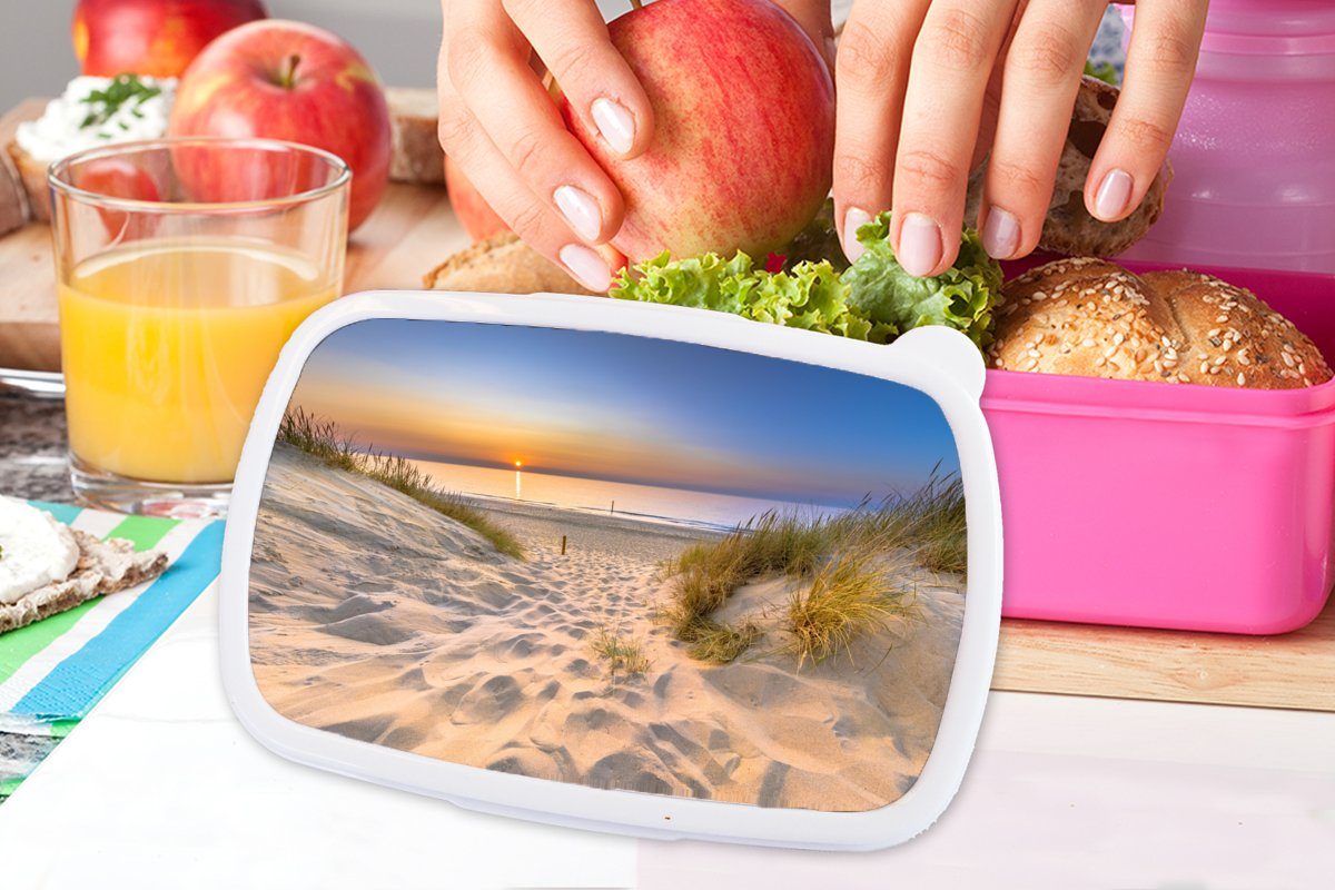 (2-tlg), - Horizont Sonnenuntergang rosa Erwachsene, Düne Lunchbox Kunststoff Kinder, Kunststoff, Brotdose MuchoWow für Brotbox Snackbox, - Strand Mädchen, - - Gras,