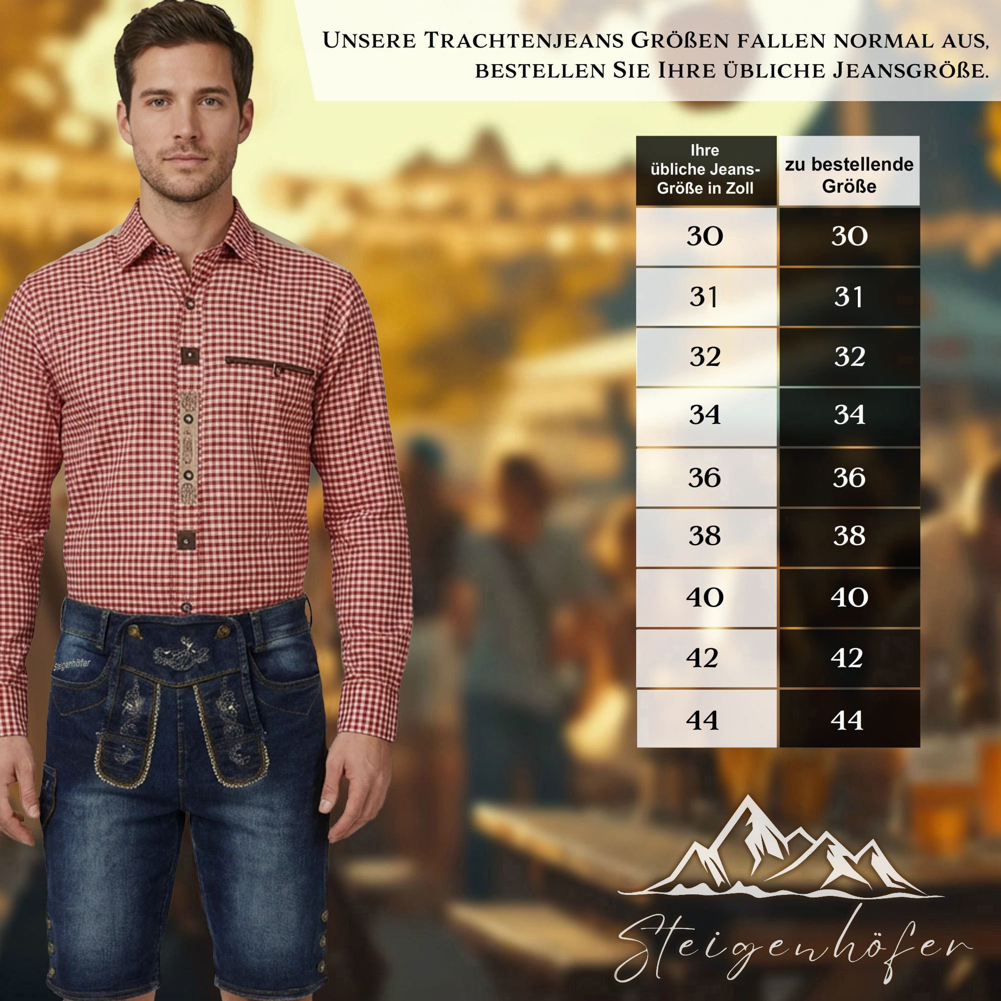 Steigenhöfer Manufaktur Trachtenjeans Herren im Lederhosen Look - Leonard - Stonewashed Stretch Denim Trachtenlatz mit Knopfleiste - Kurze Jeans - Oktoberfest O – Bild 5 von 5