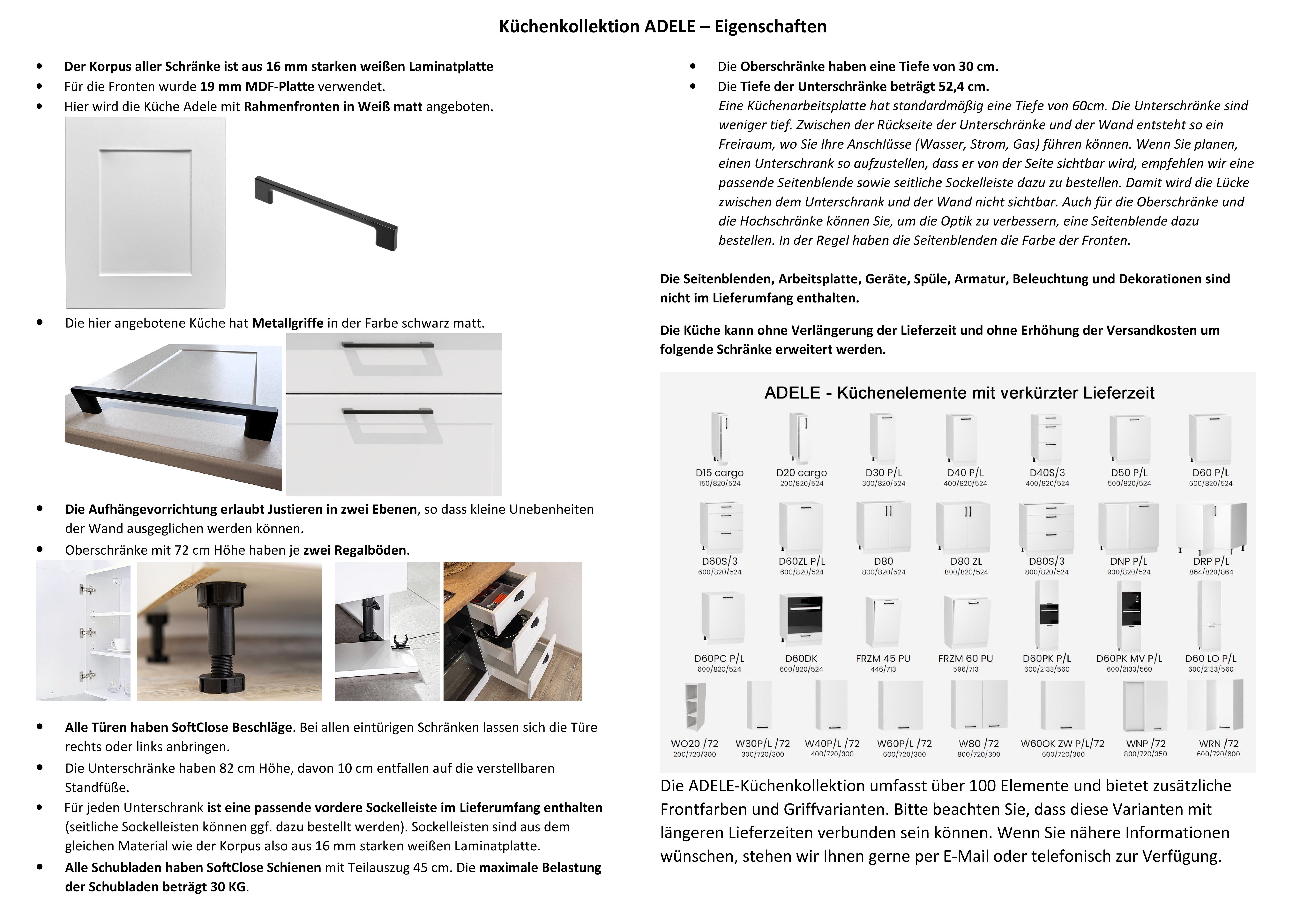 Möbel für Dich Winkelküche Eckküche im Landhausstil 260x170 cm Adele 8-teilig, mit Rahmenfronten in Mattweiß, schwarze Metallgriffe