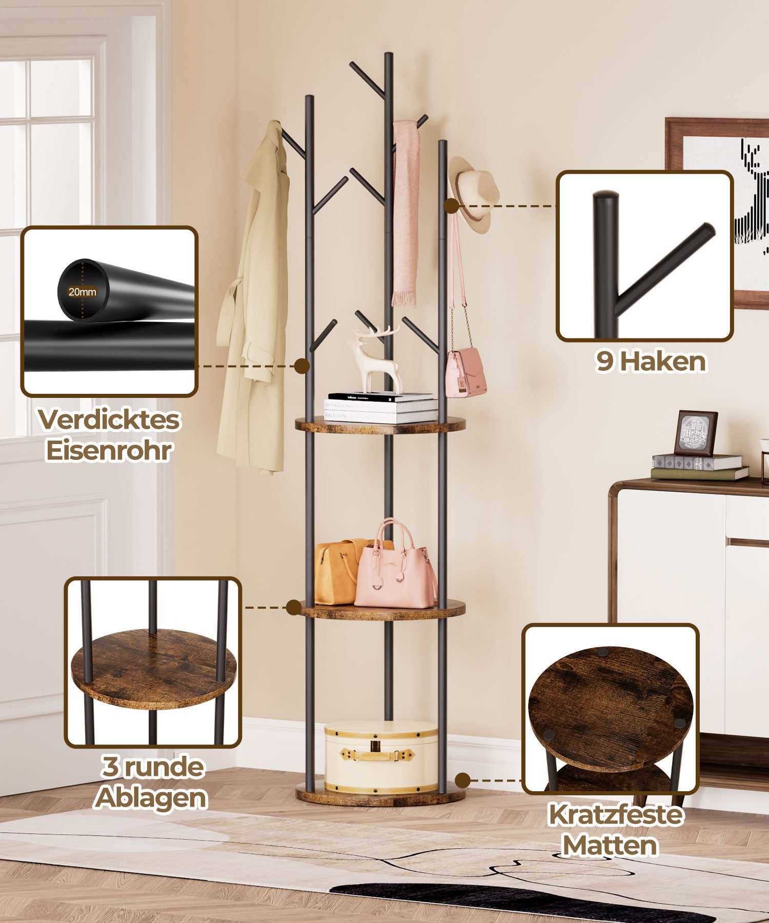 Yorbay Garderobenständer Kleiderständer aus Holz&Metalrahmen, Garderobe mit 9 Haken & 3 Ablagen, Freistehend, offen Standgarderobe in Baumform, 40x40x173cm – Bild 5 von 5