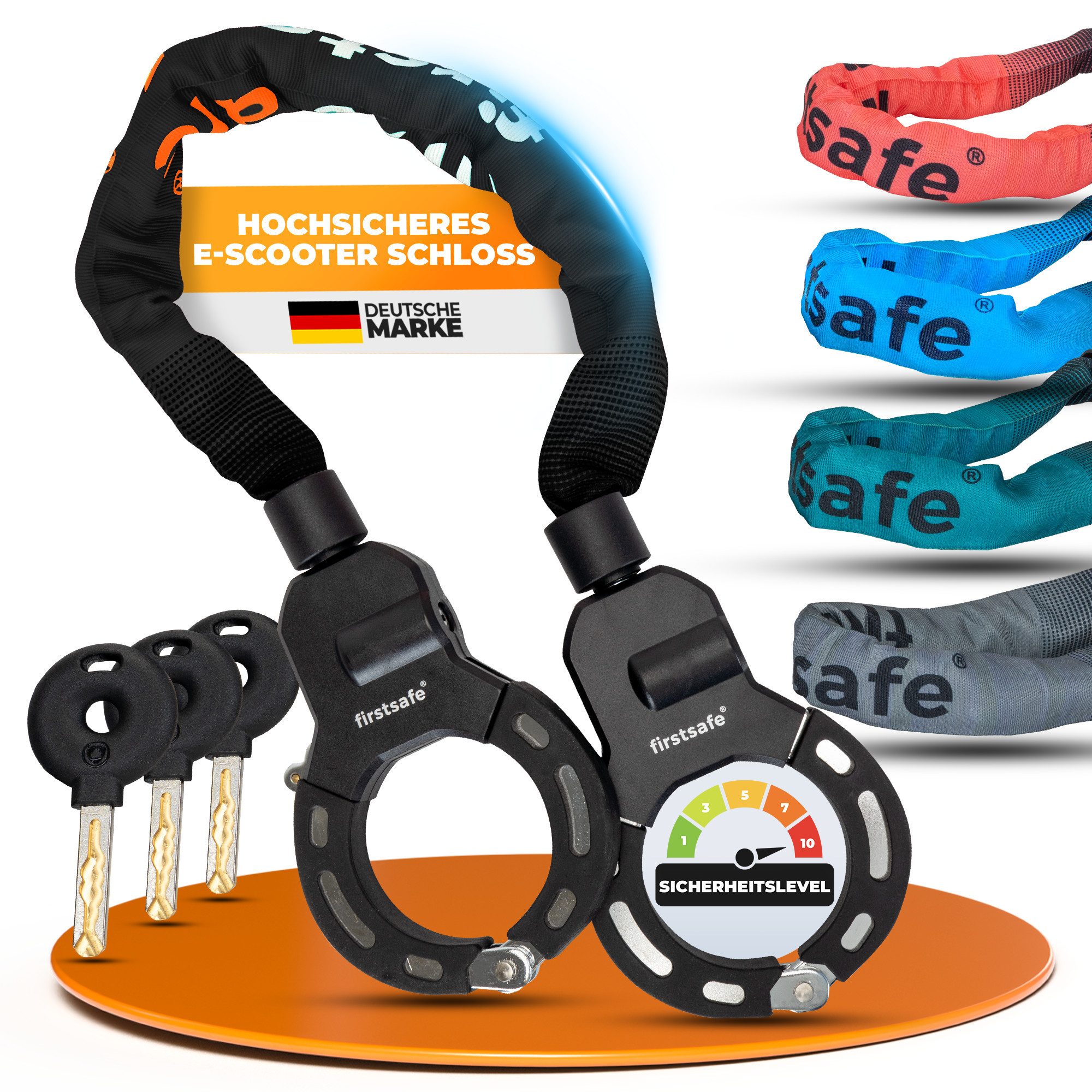 firstsafe Kettenschloss Handschellenschloss für E Scooter Schloss und Fahrrad 90 cm, 360° drehbar, Silikonbeschichtung, 8 mm Stahlkette