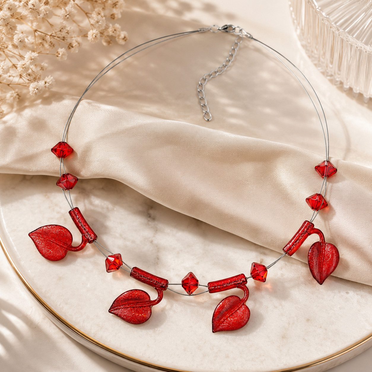 unbespielt Collier Drahtkette mit Kunststoff-Perlen in Blattform Rot-Flitter 44 cm, Modeschmuck für Damen