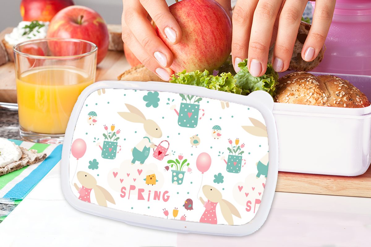 MuchoWow Lunchbox - weiß für Muster Brotdose, (2-tlg), und - Kunststoff, Erwachsene, Kinder Ostern und für Brotbox Jungs Frühling, Mädchen