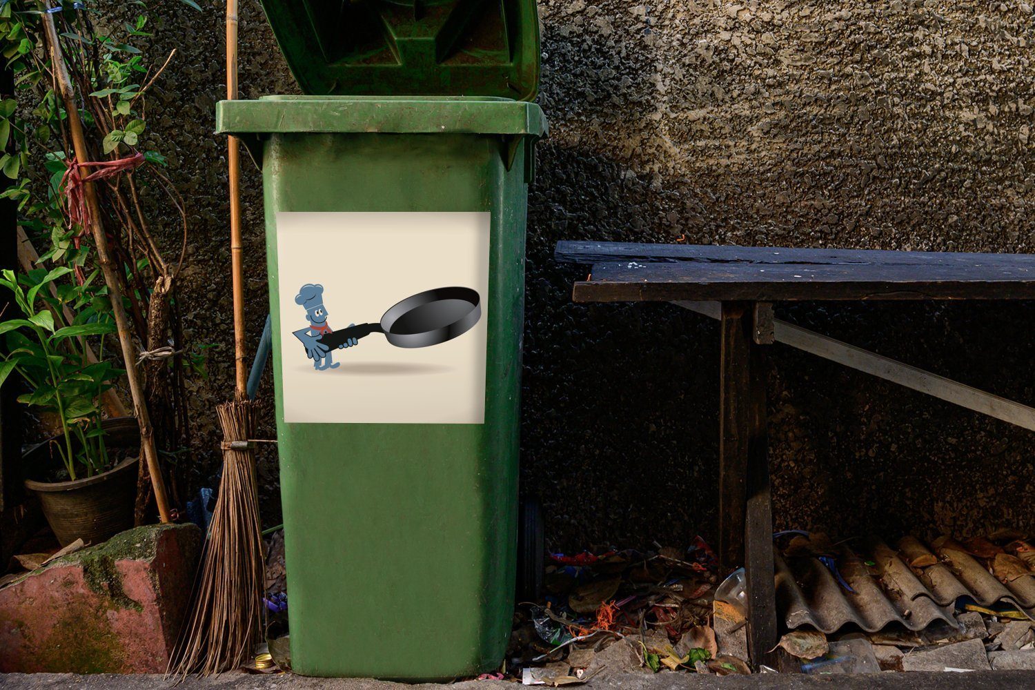 Illustration St), Mülleimer-aufkleber, Container, Wandsticker (1 Zeichentrickfigur Bratpfanne einer mit Sticker, MuchoWow Abfalbehälter Mülltonne, einer
