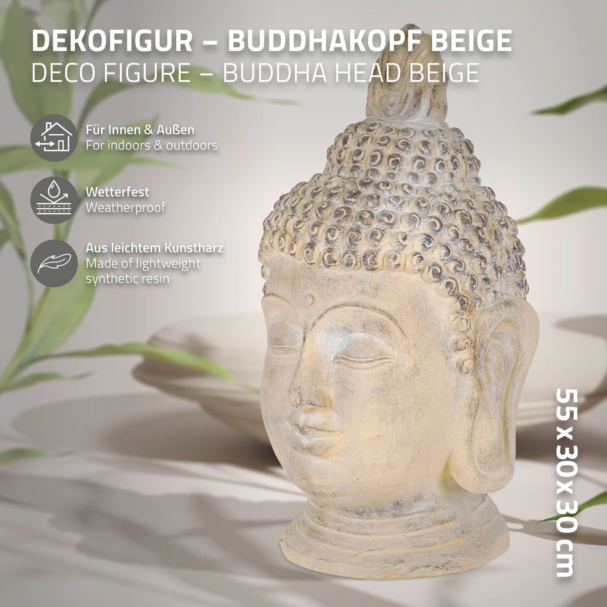 Kunststeinfigur, Statue Beige/Grau Kunststein Figur Dekofigur für Haus Garten Polyresin Skulptur Shui ECD Dekofigur Kopf Buddha 55cm Germany und Feng