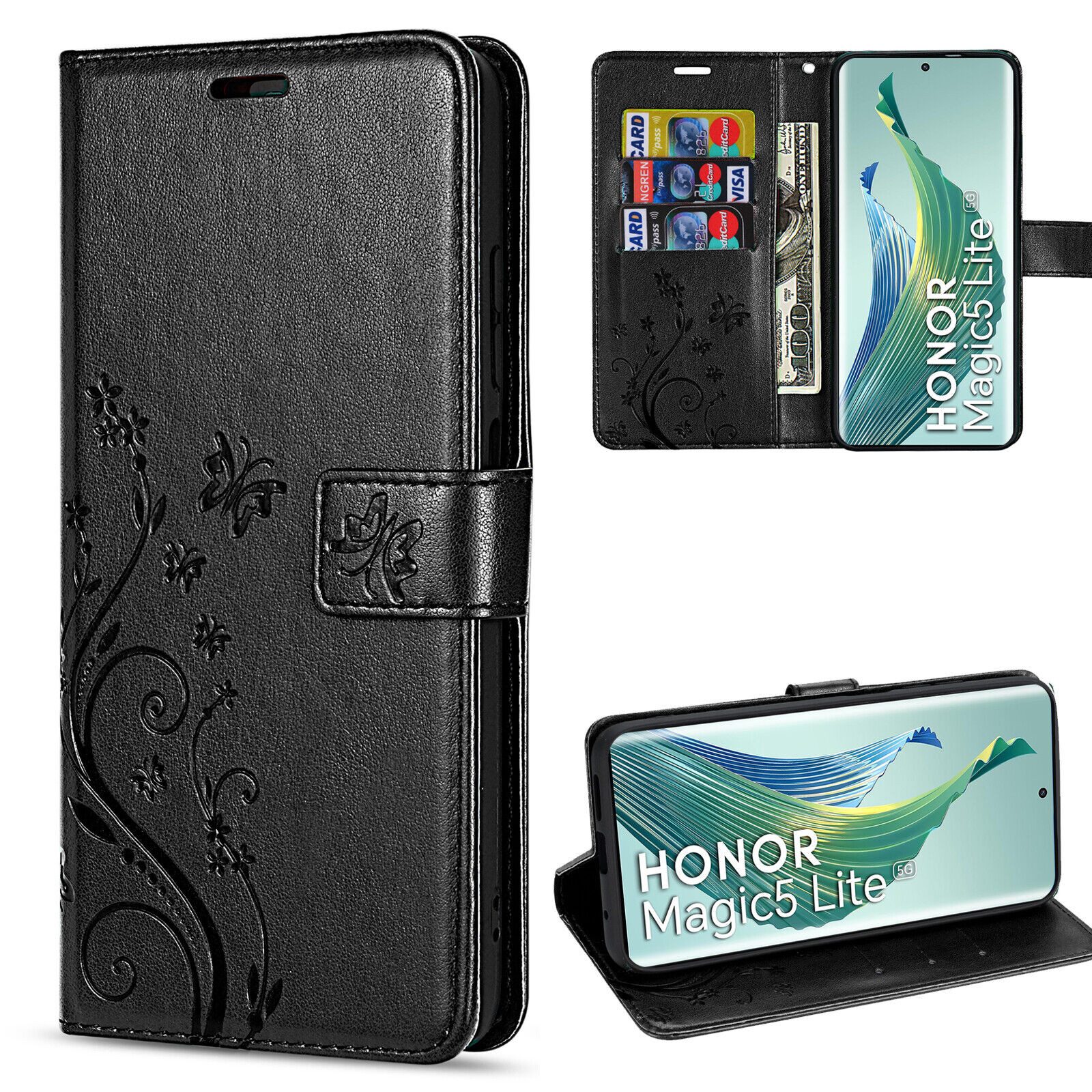betterfon Handyhülle Handytasche für Honor Magic 5 Lite Klapphülle Klapphülle, Bookstyle-Hülle: Magnetverschluss 3 Kartenfächer & Standfunktion