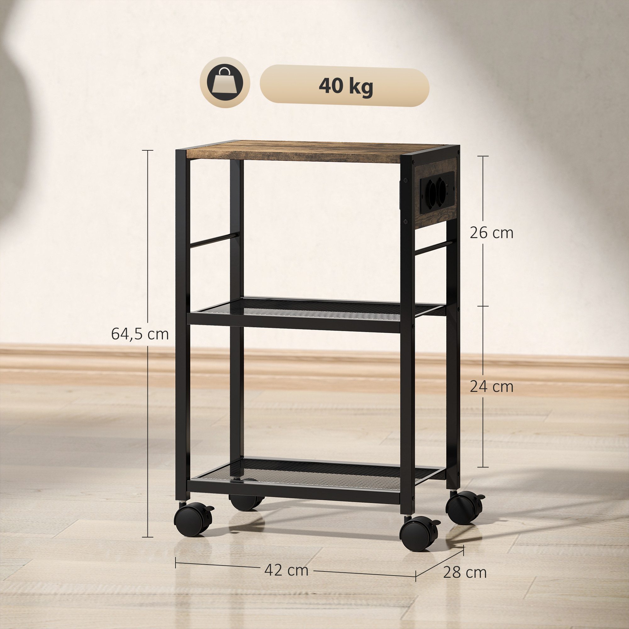HOMCOM Aktenschrank Druckertisch mit 3 Ebenen Steckdosen Rollen Organizer (Druckeregal, 1-St., Druckerständer) bis 40 kg, für Büro Arbeitszimmer 42 x 28 x 64,5  – Bild 3 von 5