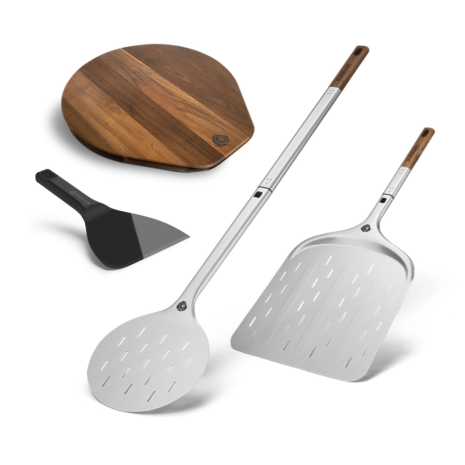 BURNHARD® Pizzaschieber Pizza Set Pro 4 tlg., Set Pizzaschieber, Pizzawender, Pizzabrett & Teigspachtel