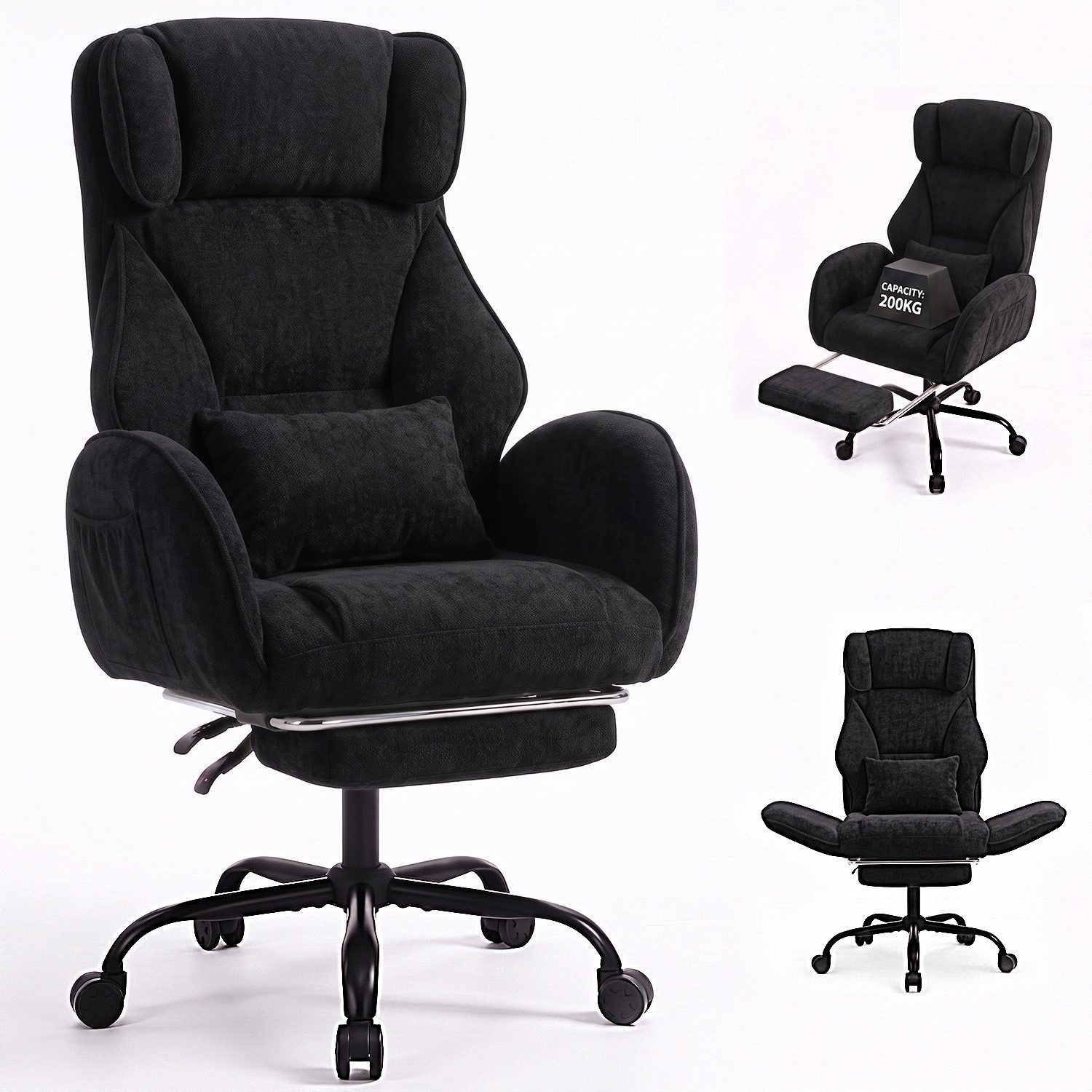 oyajia Chefsessel Ergonomischer Bürostuhl Schreibtischstuhl Gaming Stuhl 200kg Belastbar (Breiter Sitz, 6cm höhenverstellbare Kopfstütze, 90-135° neigbar), CHENILLE-STOFF, mit klappbarer Armlehnen,Fußstütze, dickes Sitzpolster
