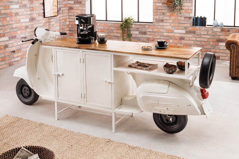 riess-ambiente Barschrank SCOOTER 250cm weiß · Upcycling-Konsole mit Motorroller-Gestell (Einzelartikel, 1-St) Mango-Massivholz-Platte · mit Stauraum & Theke · Design
