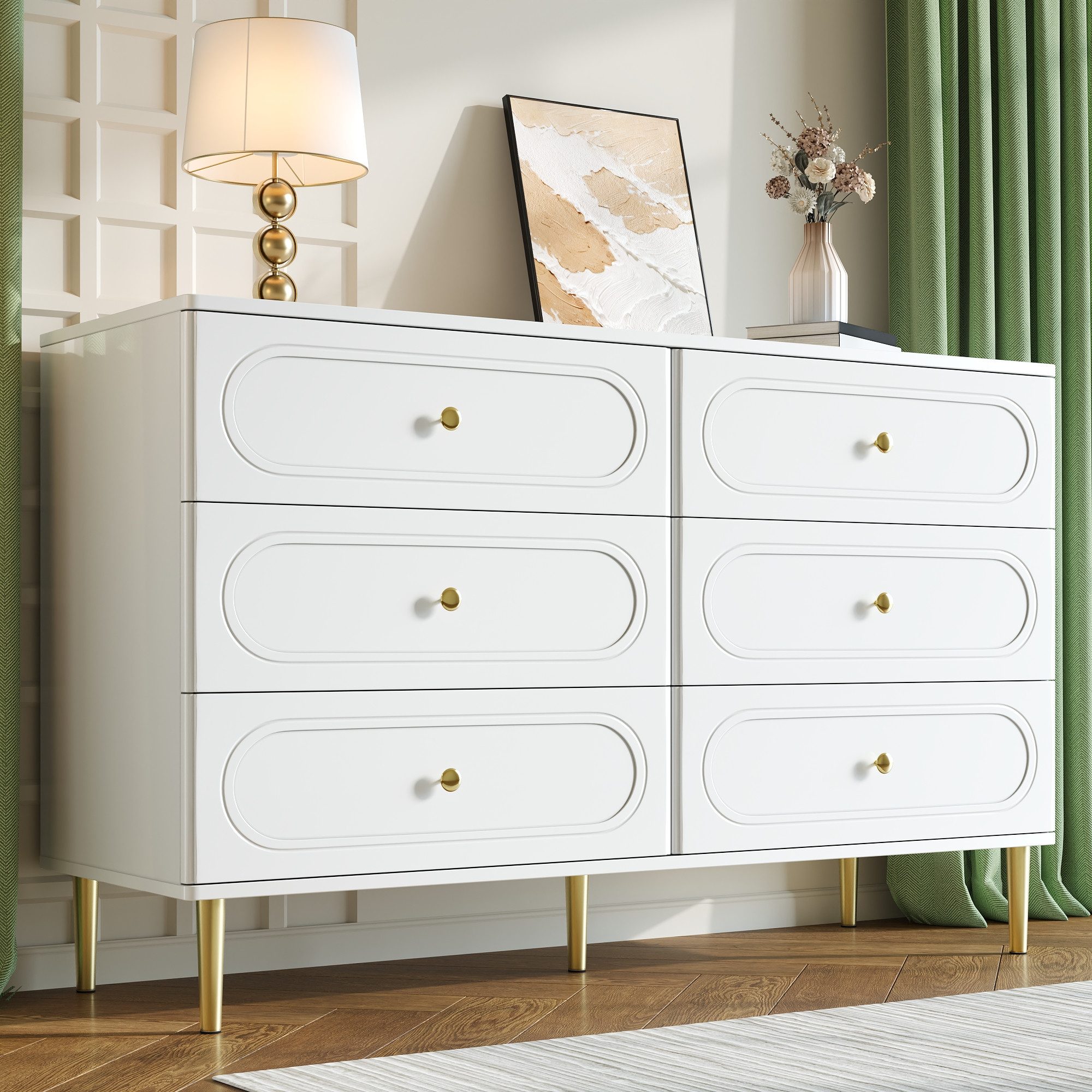 Merax Sideboard mit ovalen Vertiefungen & Metallfüßen (120 x 40 x 75 cm (L x B x H), 1 St), Aufbewahrungsschrank Kommode mit 6 Schubladen & …