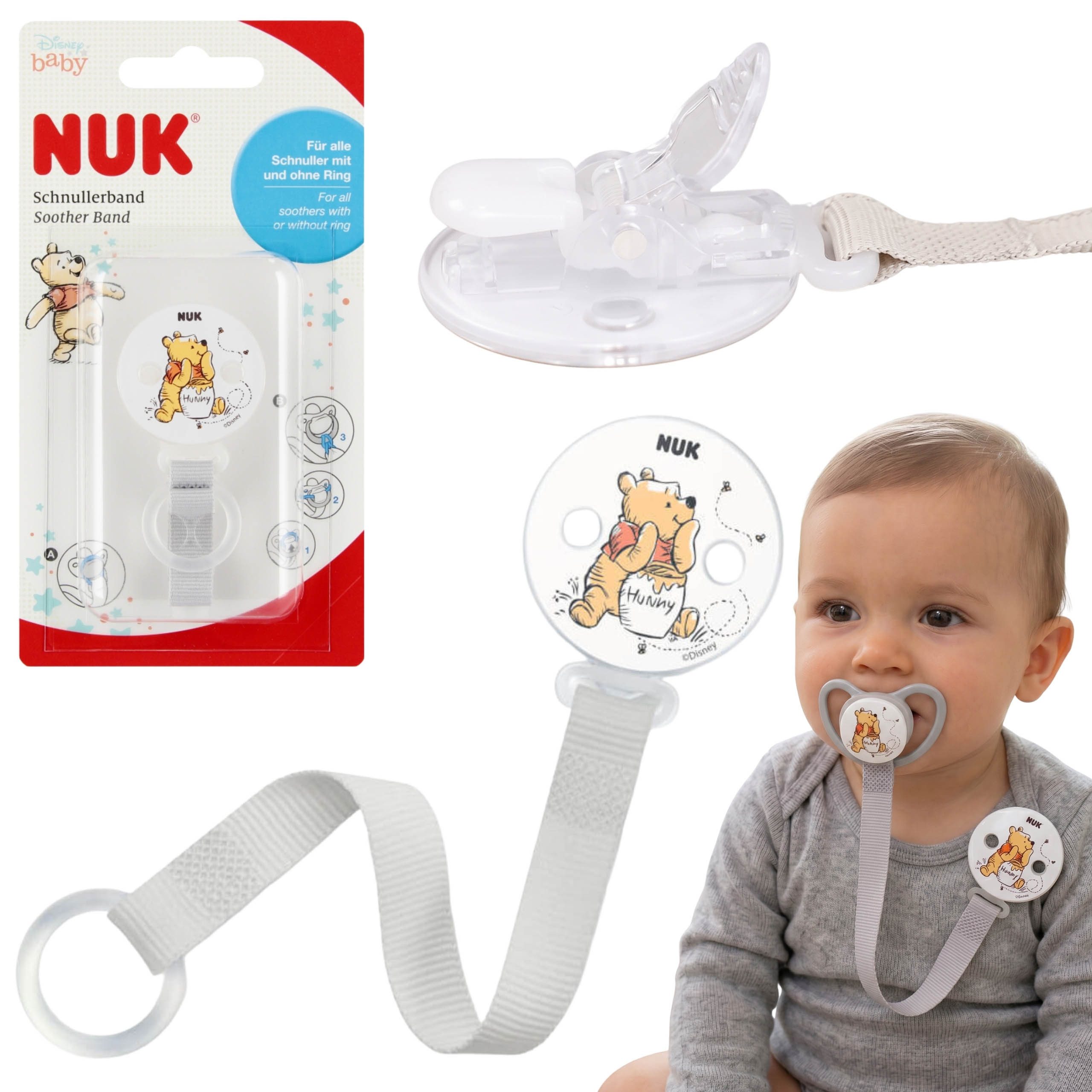 NUK Schnullerbefestigung Winnie Puuh Schnullerband mit Clip, grau, NUK