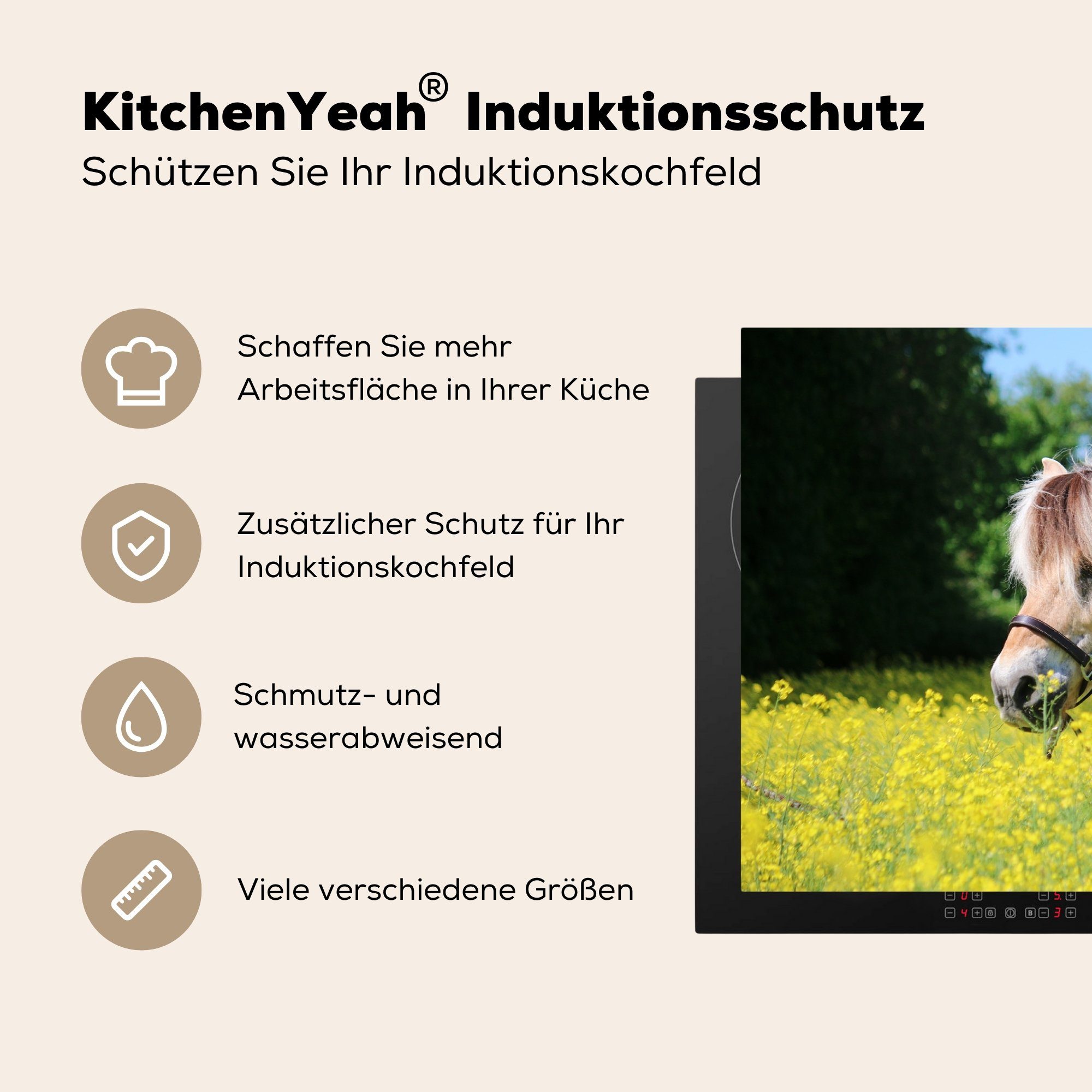 MuchoWow Herdblende-/Abdeckplatte Pferd - die - Gelb, für cm, tlg), Blumen Schutz Induktionskochfeld 81x52 Vinyl, küche, (1 Ceranfeldabdeckung