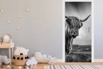 MuchoWow Türtapete Kühe - Schottische Hochlandkühe - Natur - Tiere - Schwarz und weiß, Matt, bedruckt, (1 St), Fototapete für Tür, Türaufkleber, 75x205 cm