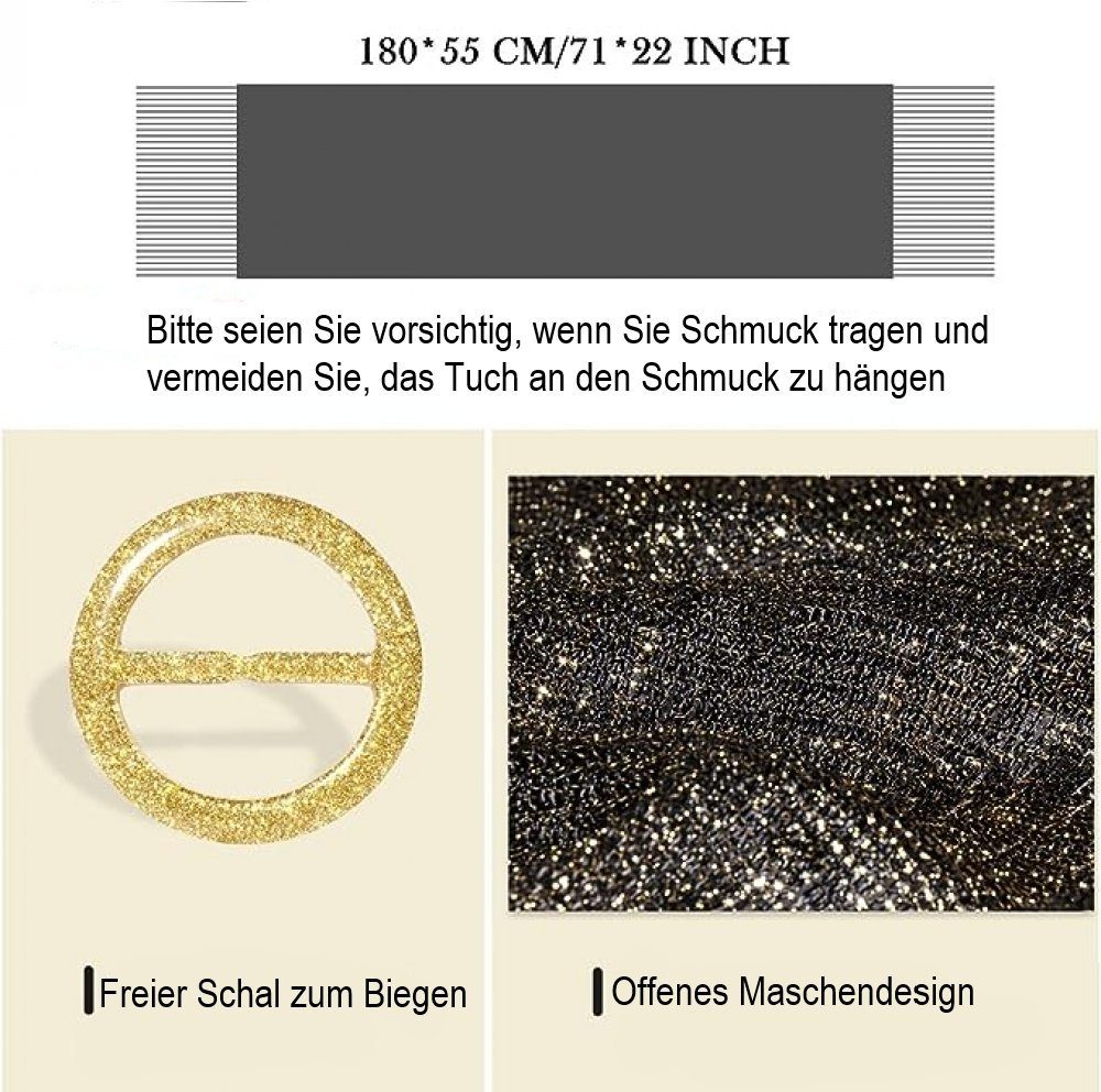 Schal sparkling Holiday parties WaKuKa suitable metal shawl buckle evening for SchwarzesGold