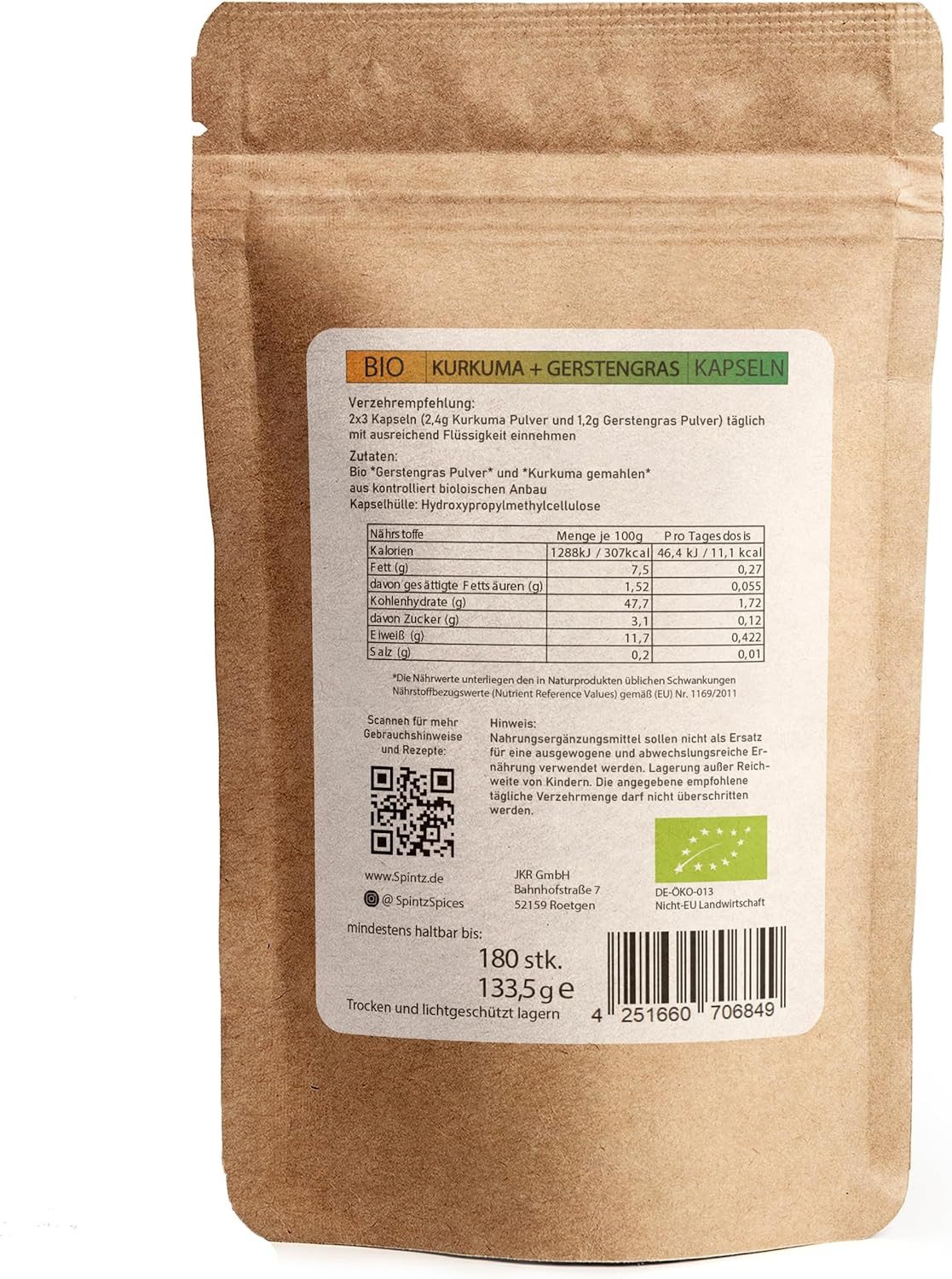 SPINTZ Bio Kurkuma Gerstengras Kapseln 180 Stk 2x3 Kapseln (2,4g Kurkuma Pulver und 1,2g Gerstengras Pulver) täglich mit ausreichend Flüssigkeit einnehmen, 1 er 180 St., 133.5 g