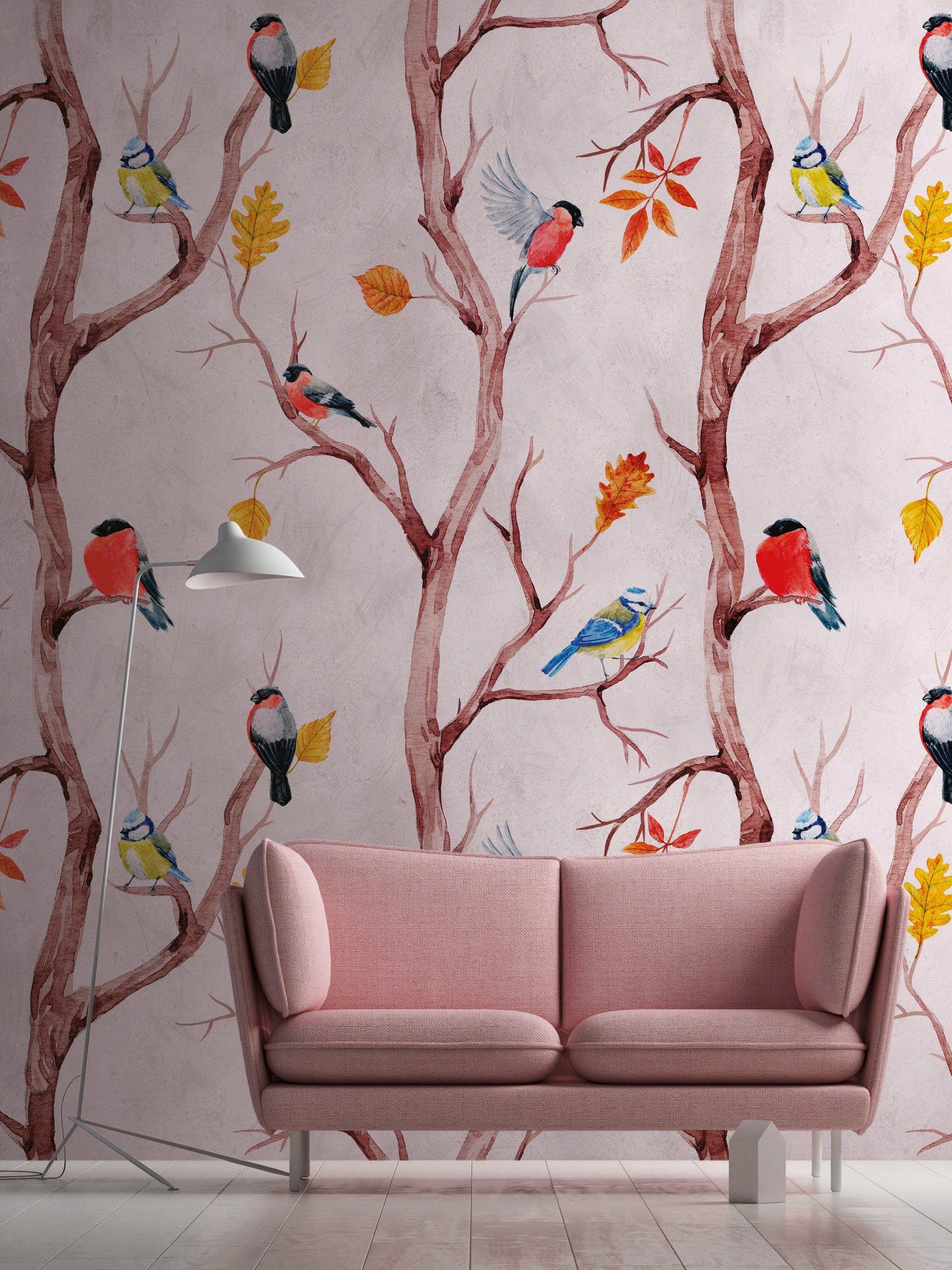 living walls Fototapete The Wall, glatt, Wald, animal print, floral, Fototapete Vögel Tapete Landhaus Tapeten Wohnzimmer Design Wandtapete