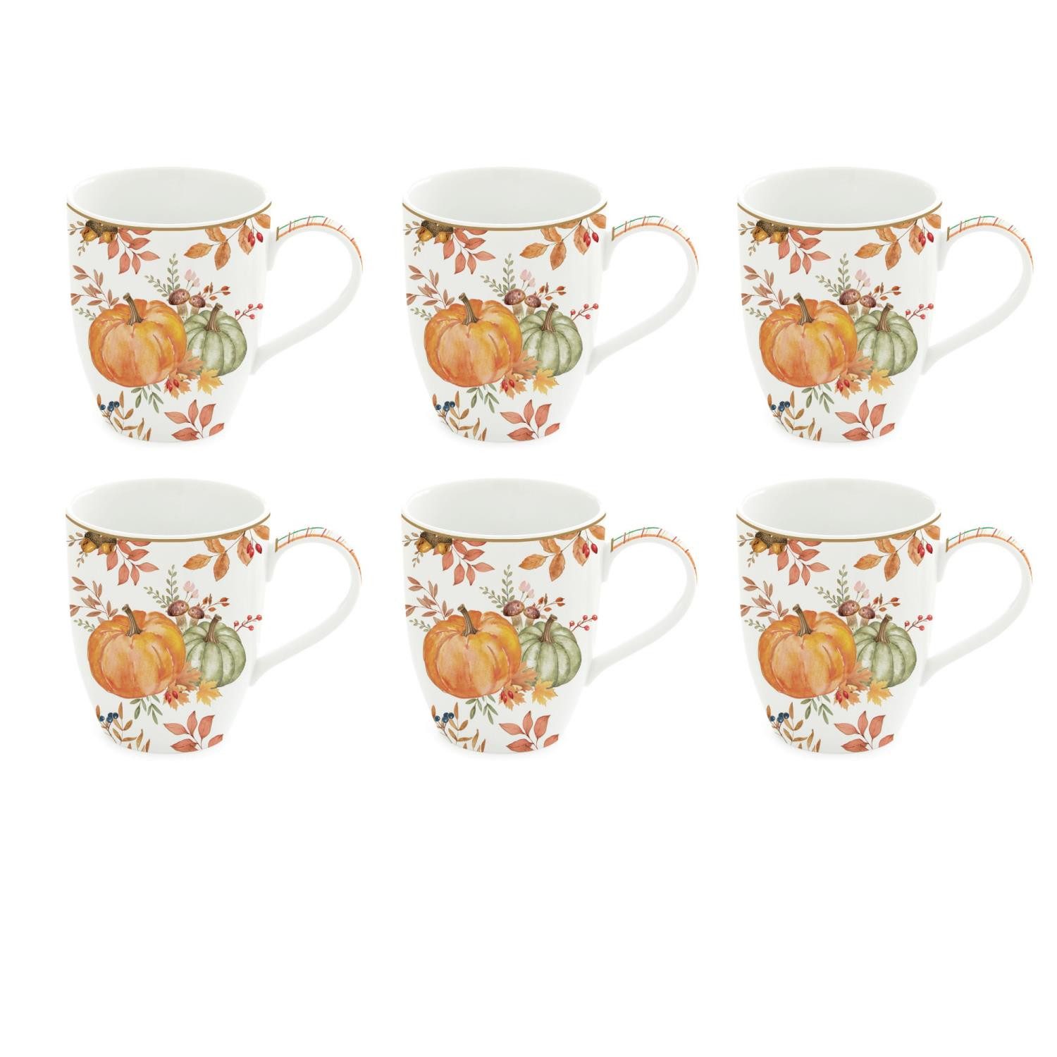EasyLife Tasse Harvest, Porzellan, Spülmaschinengeeignet, Mehrfarbig, Kürbis, Blätter + Karos, H: 12.5cm