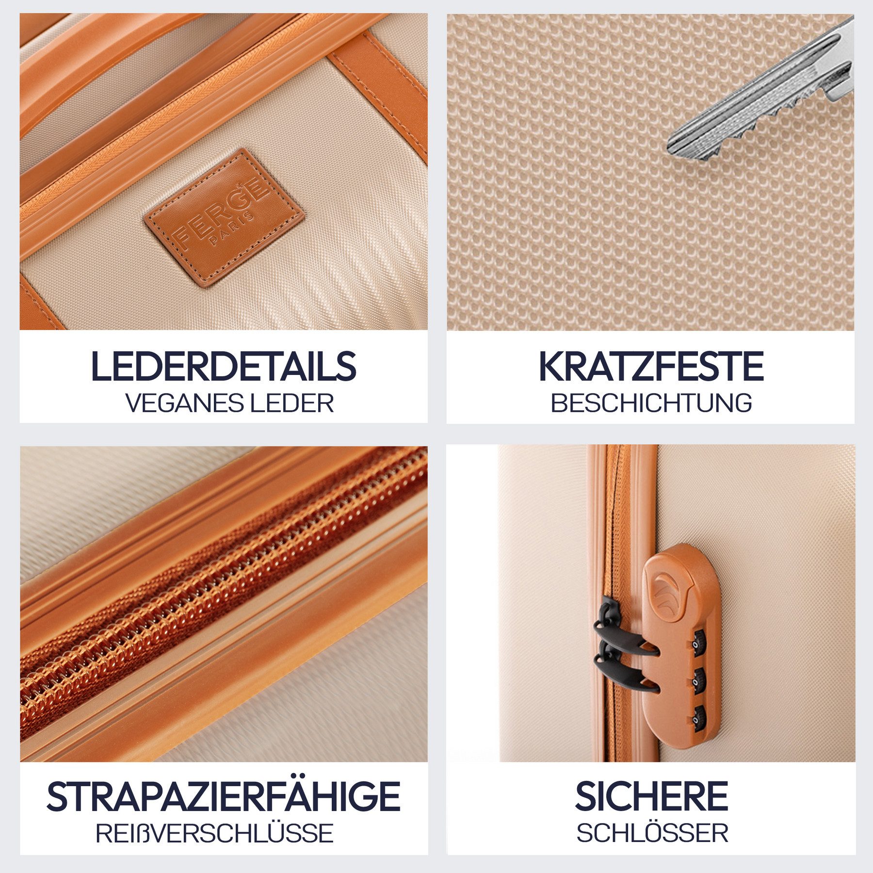 FERGÉ Kofferset Hartschale 3 teilig Koffer Set MILANO Champagne, 4 Rollen, (3er Kofferset stabil und leicht mit Zahlenschloß, 3 tlg., Hartschalen-Trolley Set 3 Größen Handgepäck Koffer M XL), Trolley 3er Koffer Set, Reisekoffer 4 Rollen, Premium Rollkoffer