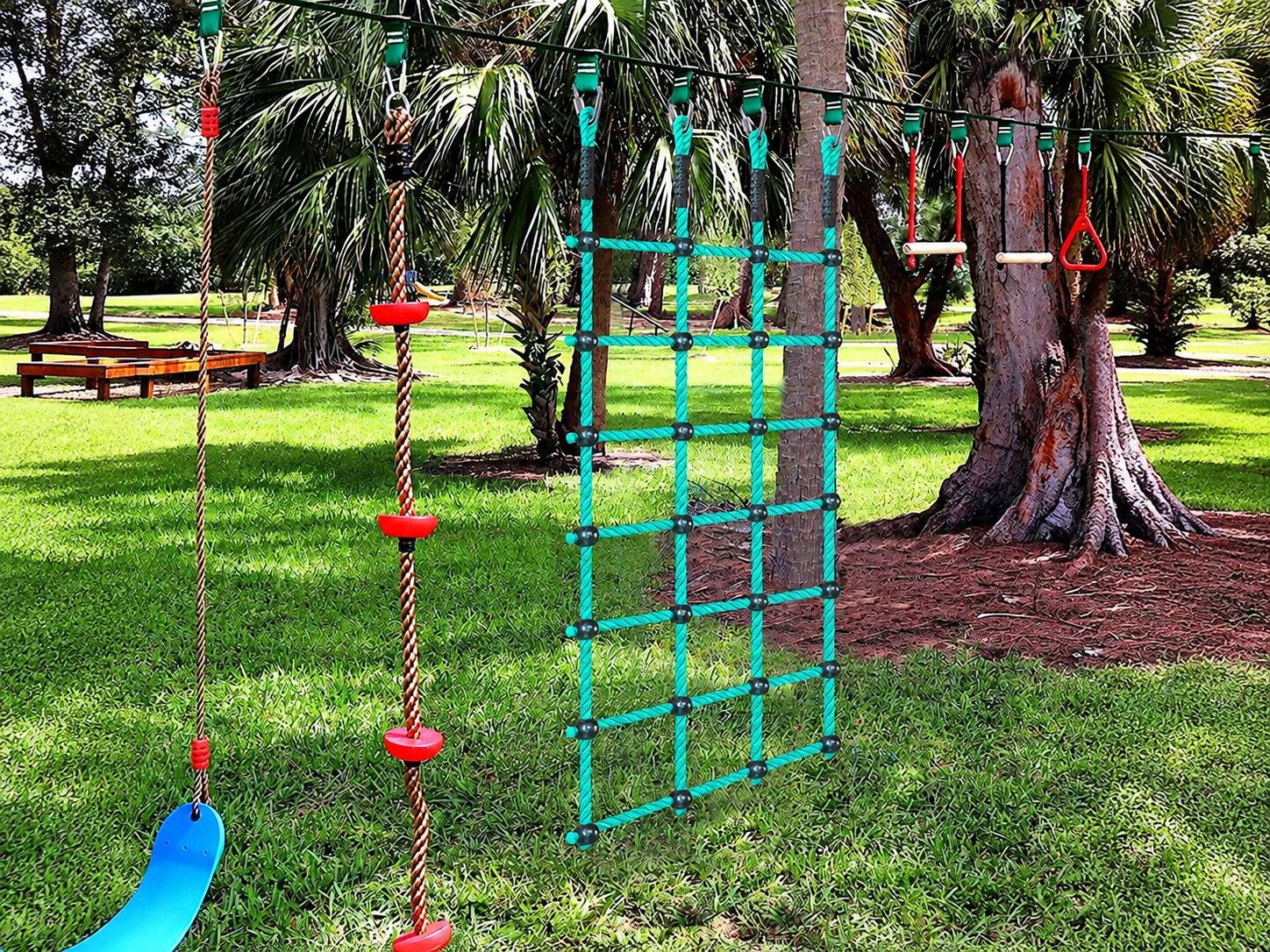 BeneLabel Kletterseil Kletternetz Kinder 196 x 76 cm Grün, Spielturm Kletterleiter Netz (1-tlg), für Ninja Hangelparcour, Slackline und Zipline – Bild 4 von 5