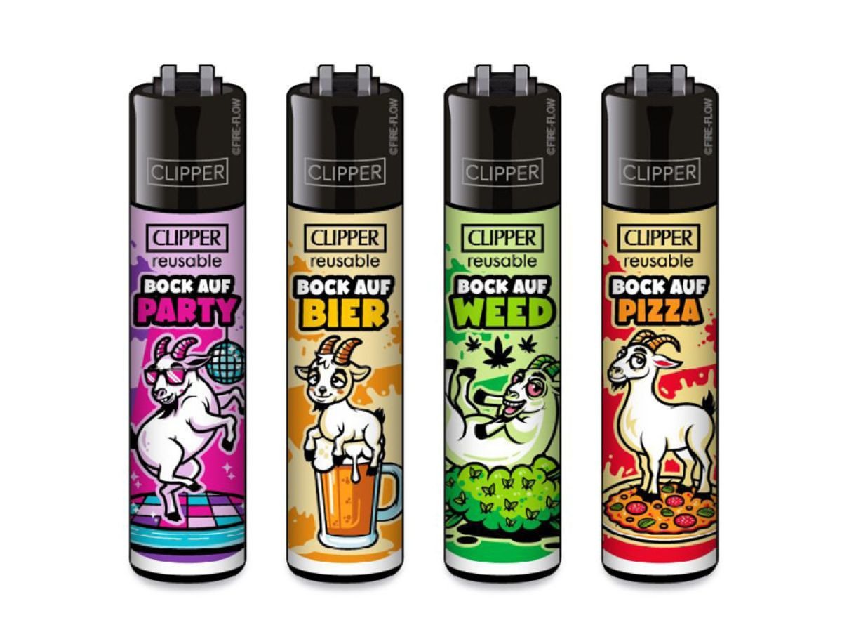CLIPPER Feuerzeuge 4 Stück im Set mit Spruch nachfüllbar & wiederverwendbar (4-St., 4), Das Original mit Spruch: Bock auf ...Pizza, Wurst,Tofu, Fucktus