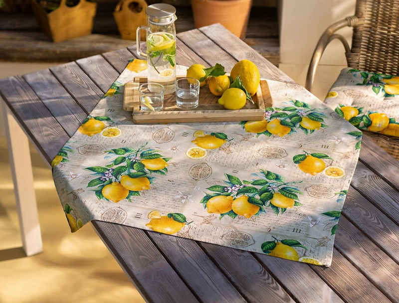 Dekoleidenschaft Tischdecke "Zitronen" beige aus 100% Baumwolle, 85x85 cm, Tischtuch, Mitteldecke, Tischwäsche quadratisch, Sommer, Zitrusfrüchte