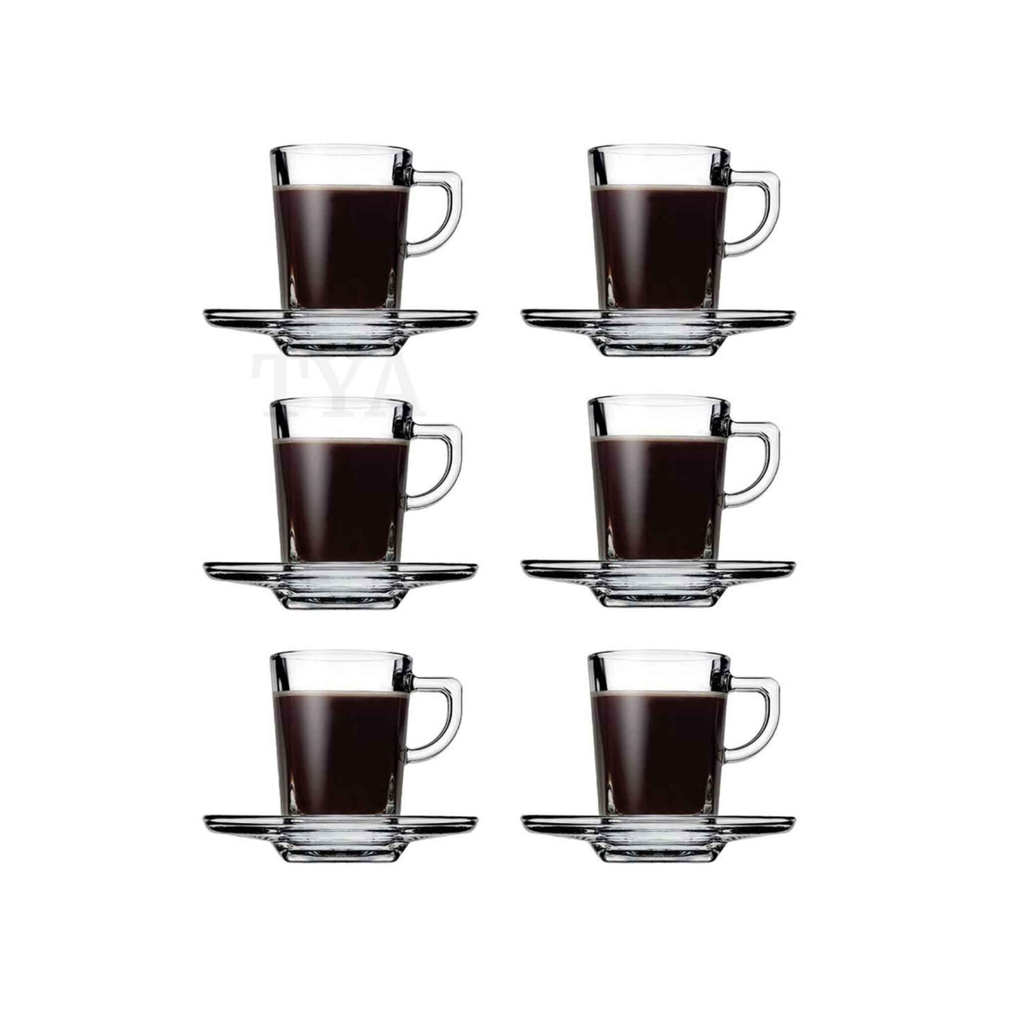 Pasabahce Gläser-Set Carre Tassen-Set mit Untertassen, 6-tlg., Glas, 75ml, 6er Set, Ideal für Espresso, Mokka oder türkischen Kaffee