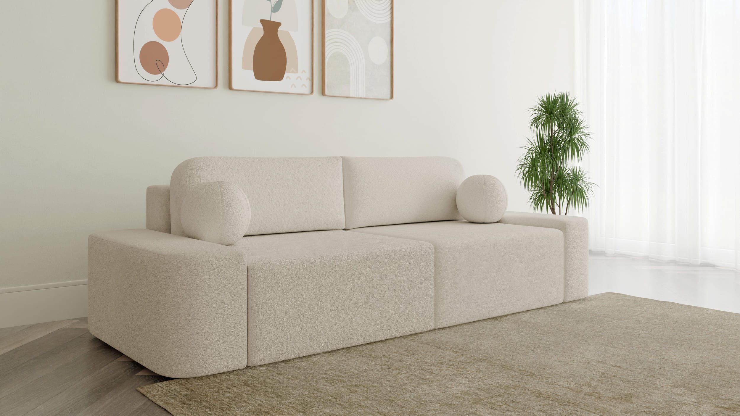 MOEBLO Sofa Lisbon aus Bouclé, – 268 cm – modernes Sofa mit Bettfunktion, Bettkasten & gepolstertem Rücken & Zierkissen – Komfort-Couch fürs Wohnzimmer, Couch Polstermöbel Sitzmöbel Wohnzimmermöbel 3-Sitzer-Sofa Stoffsofa, (BxHxT):268x85x110 cm