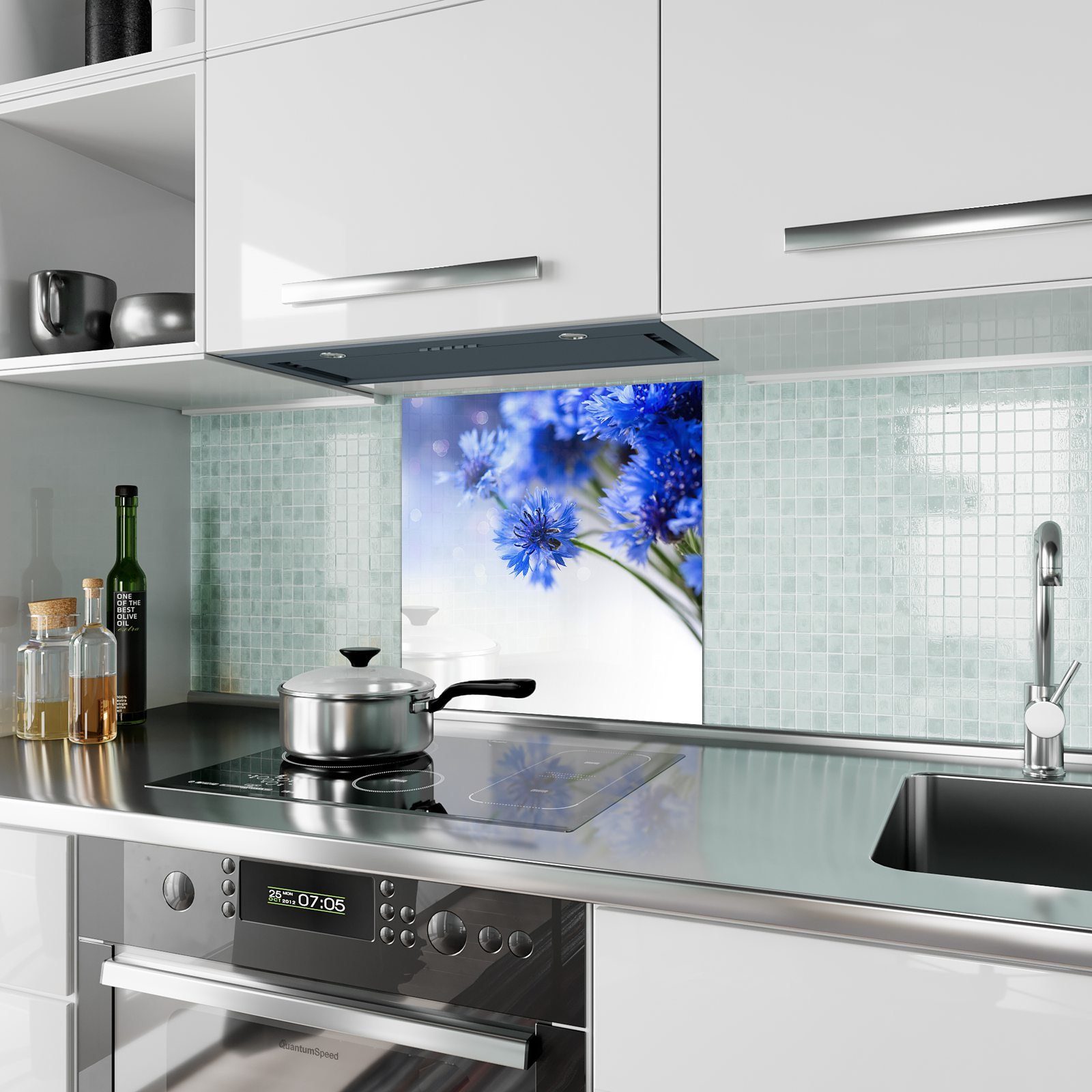 Primedeco Küchenrückwand Küchenrückwand Spritzschutz Glas Motiv Kornblumen mit