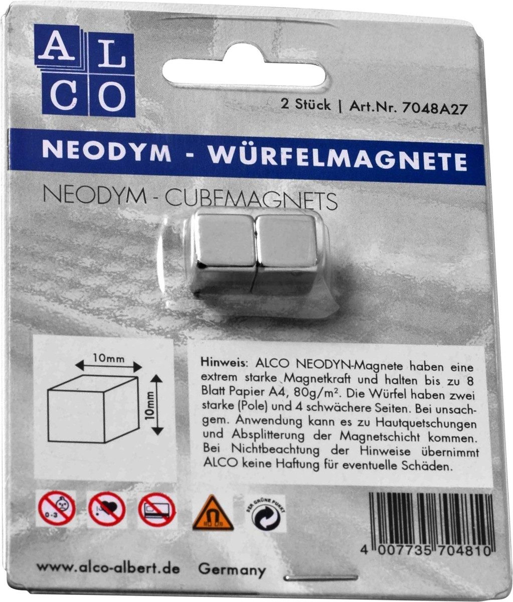 ALCO Magnet Würfelmagnet Neodym aus Neodym (Nd) 10x10x10mm silber VE=2 Stück