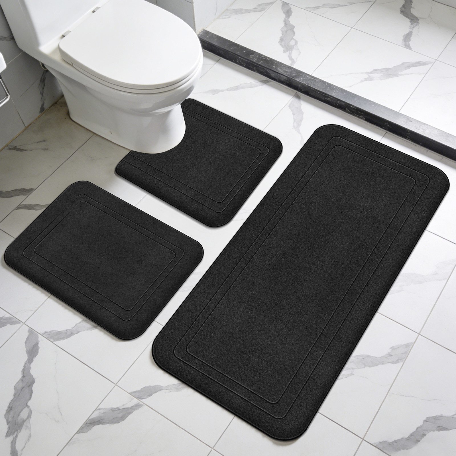BlingBin Badematte Badezimmerteppich Set 3 Teilig, Badteppich aus Memory Foam rutschfest, Memory Schaum, schnell trocknend, Waschbar, Memory-Schaum, Rechteck, mit U Förmige wc Vorleger, Badteppich Waschbar Badvorleger Set