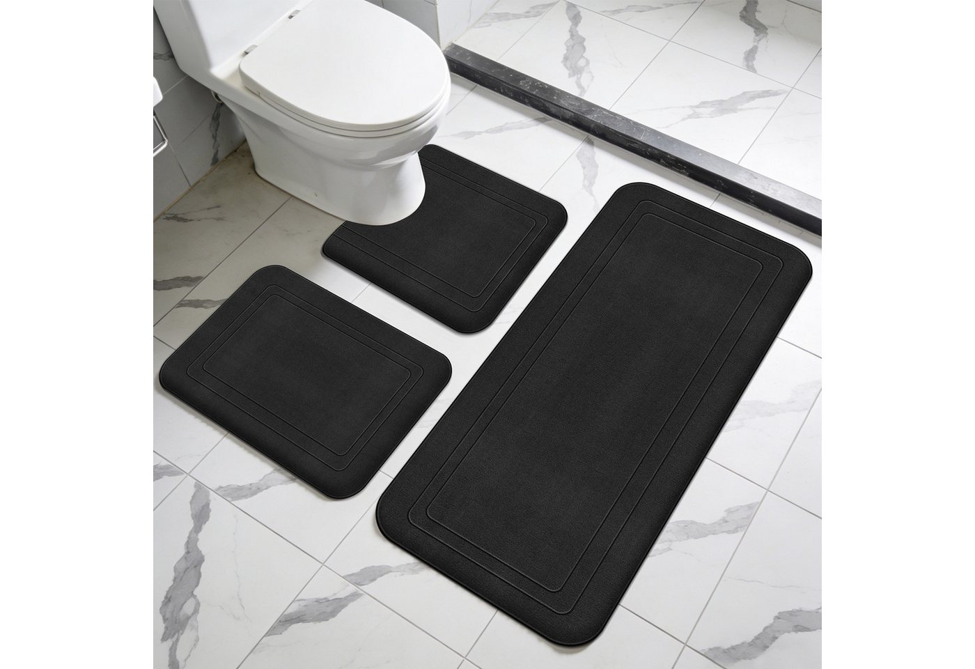 BlingBin Badematte Badezimmerteppich Set 3 Teilig, Badteppich aus Memory Foam rutschfest, Memory Schaum, schnell trocknend, Waschbar, Memory-Schaum, Rechteck, mit U Förmige wc Vorleger, Badteppich Waschbar Badvorleger Set