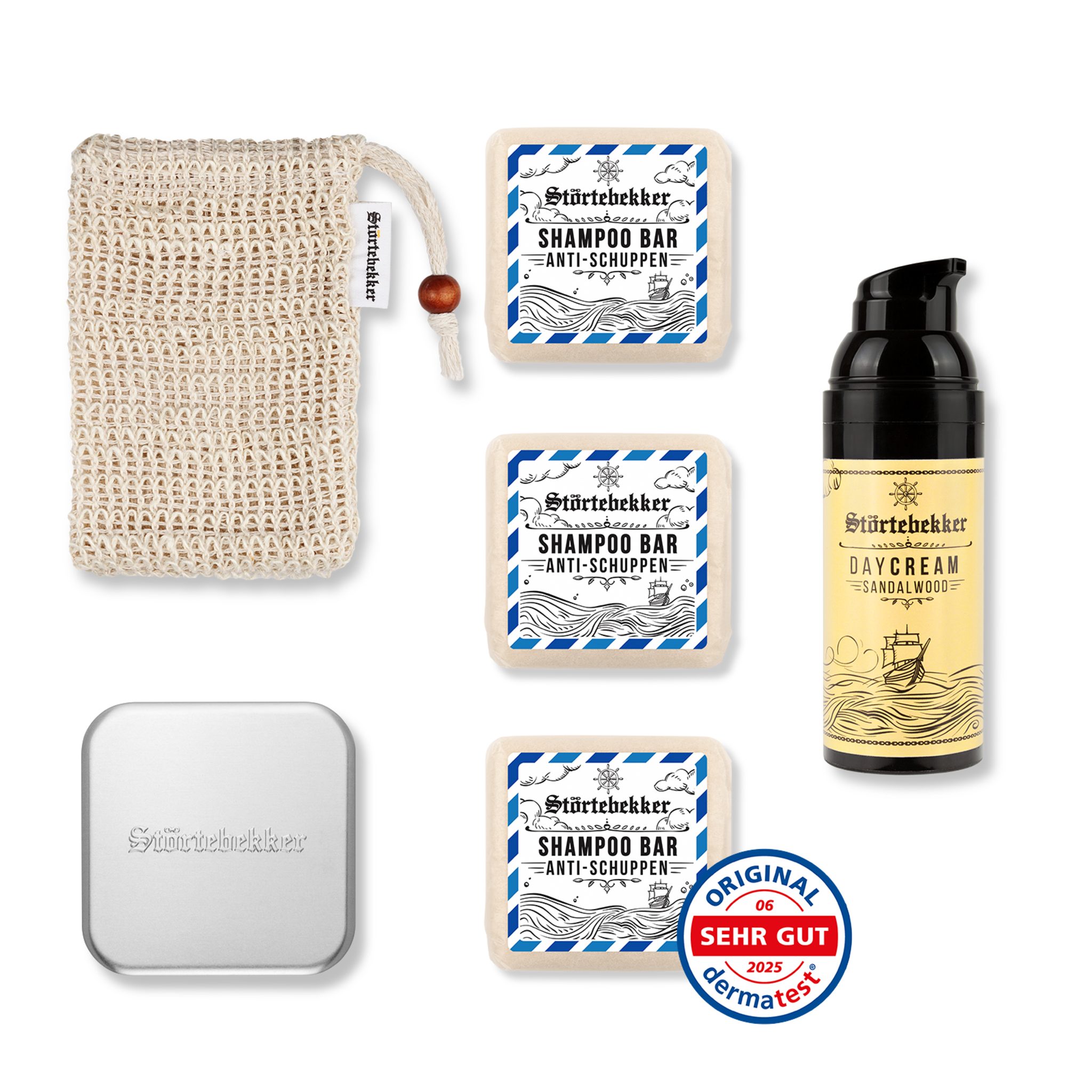 Störtebekker Festes Haarshampoo x 3 - Dusch Routine Set inkl. Tagescreme, Soap Box und Soap Bag, Spar-Set, Alles für die Dusch Routine, Sanfte Pflege für Haare & Haut - Spendet Feuchtigkeit