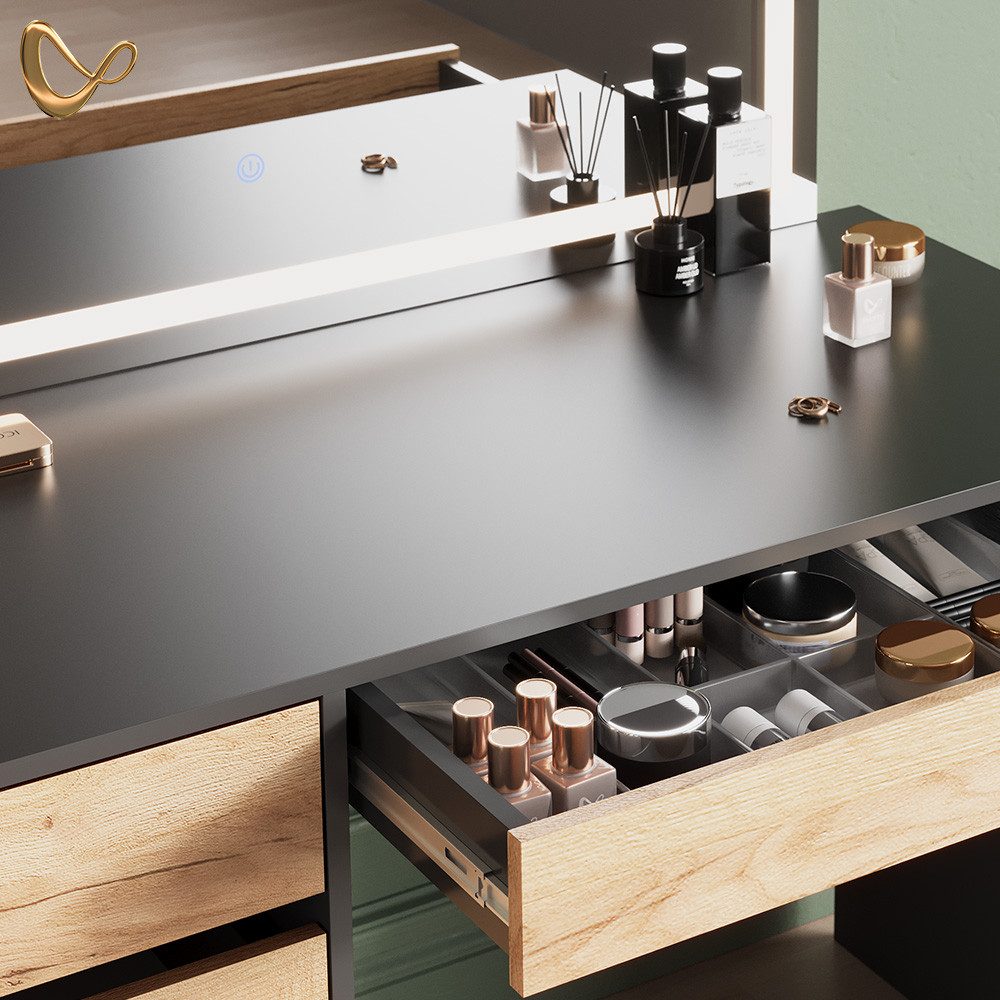 Livinity® Schminktisch Imola, Anthrazit/Goldkraft Eiche, 120 cm mit LED Beleuchtung