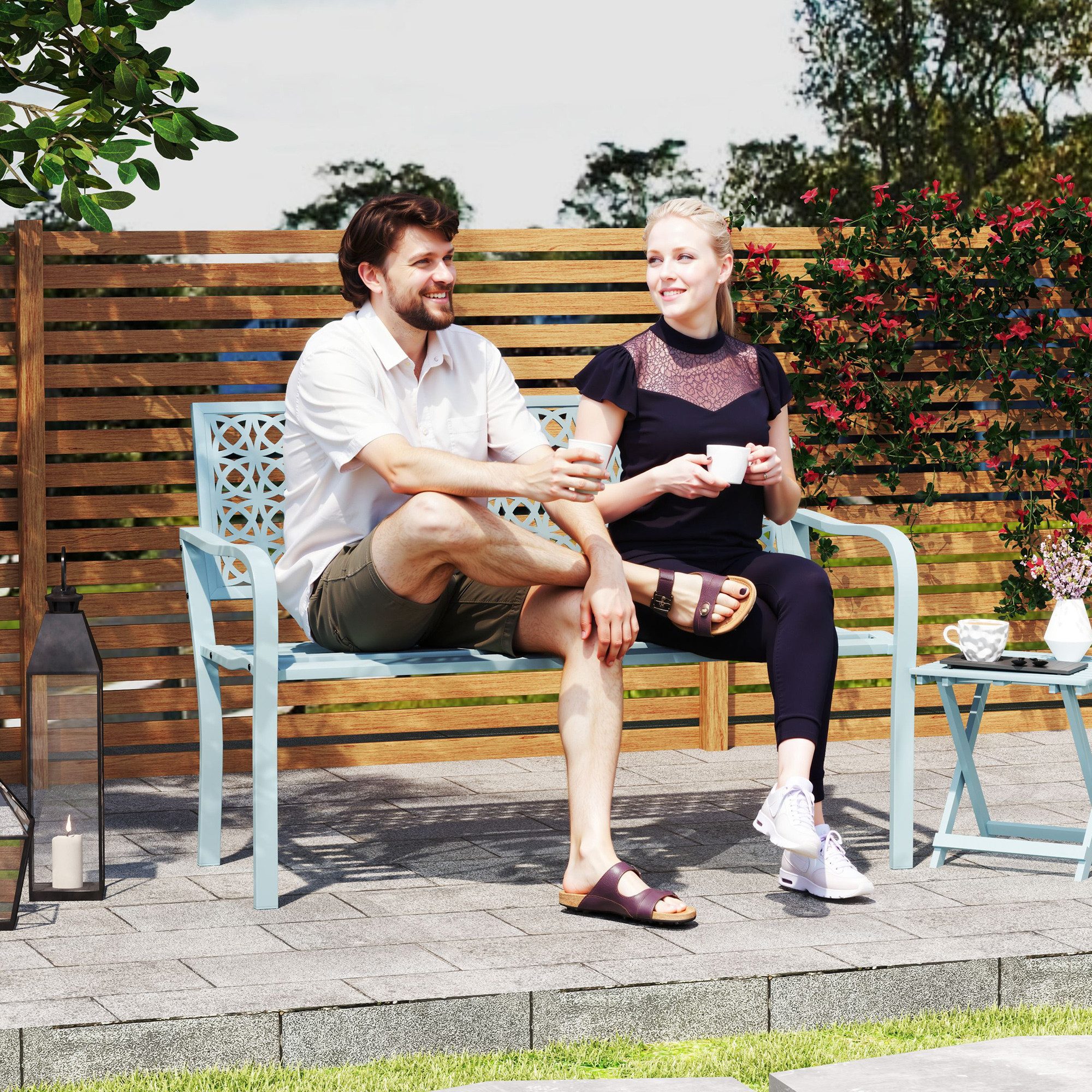 Outsunny Gartenbank Parkbank mit Rücken- & Armlehnen, 240kg belastbar, Balkonbank (Sitzbank, 1-St., Gartenmöbel), für Balkon Terrasse, Garten, 127 x 63 x 85cm, Blau