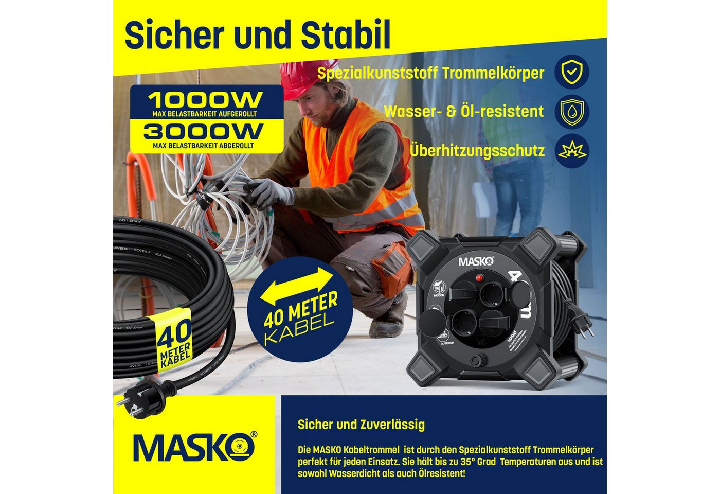 Thumbnail - MASKO Kabeltrommel (Kabellänge 40 m), Verlängerungskabel mit 4 Schutzkontakt-Steckdosen Kabelaufroller IP44