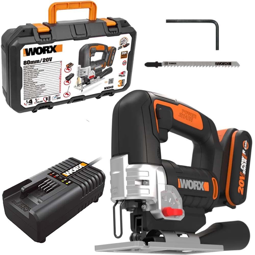 Worx Handkreissäge Worx Akku-Stichsäge WX543 mit Akku 20V/2,0Ah, Ladegerät und Koffer