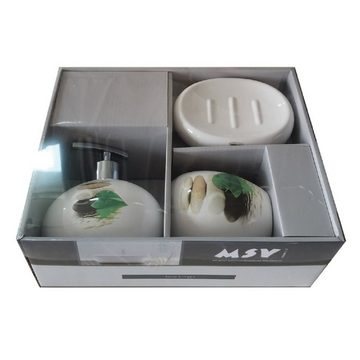 MSV Badaccessoires-Sets JAVA, Zubehör-Set Keramik, glänzend, Zen Spa Motiv "LINGGA", weiß/grün, 3 tlg., in praktischer Geschenk-Box, bestehend aus: Seifenspender, Zahnputzbecher, Seifenschale, Komplett-Set Badezimmerzubehör, 3 tlg.