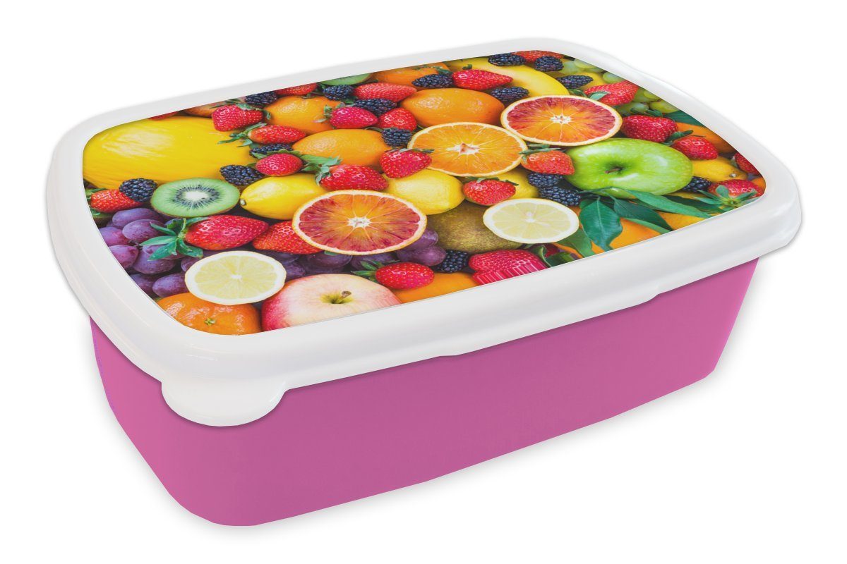 MuchoWow Lunchbox Apfel - Weintrauben - Obst, Kunststoff, (2-tlg), Brotbox für Erwachsene, Brotdose Kinder, Snackbox, Mädchen, Kunststoff rosa