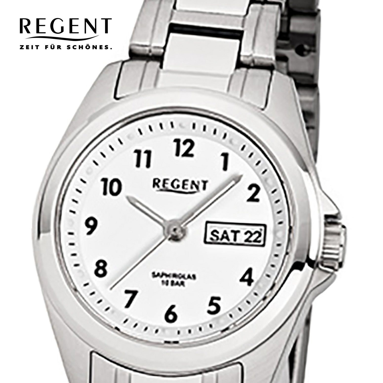 Regent Quarzuhr Regent Damen-Armbanduhr silber Analog F-519, (Analoguhr), Damen Armbanduhr rund, klein (ca. 27mm), Edelstahlarmband