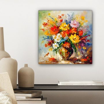 OneMillionCanvasses® Leinwandbild Blumen - Bunt - Ölfarbe - Blumentopf, (1 St), Leinwand Bilder für Wohnzimmer Schlafzimmer, 20x20 cm